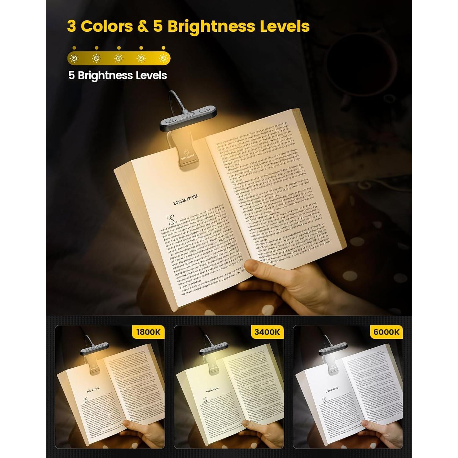 Luz de lectura Glocusent A18 recargable 3 colores 5 brillos