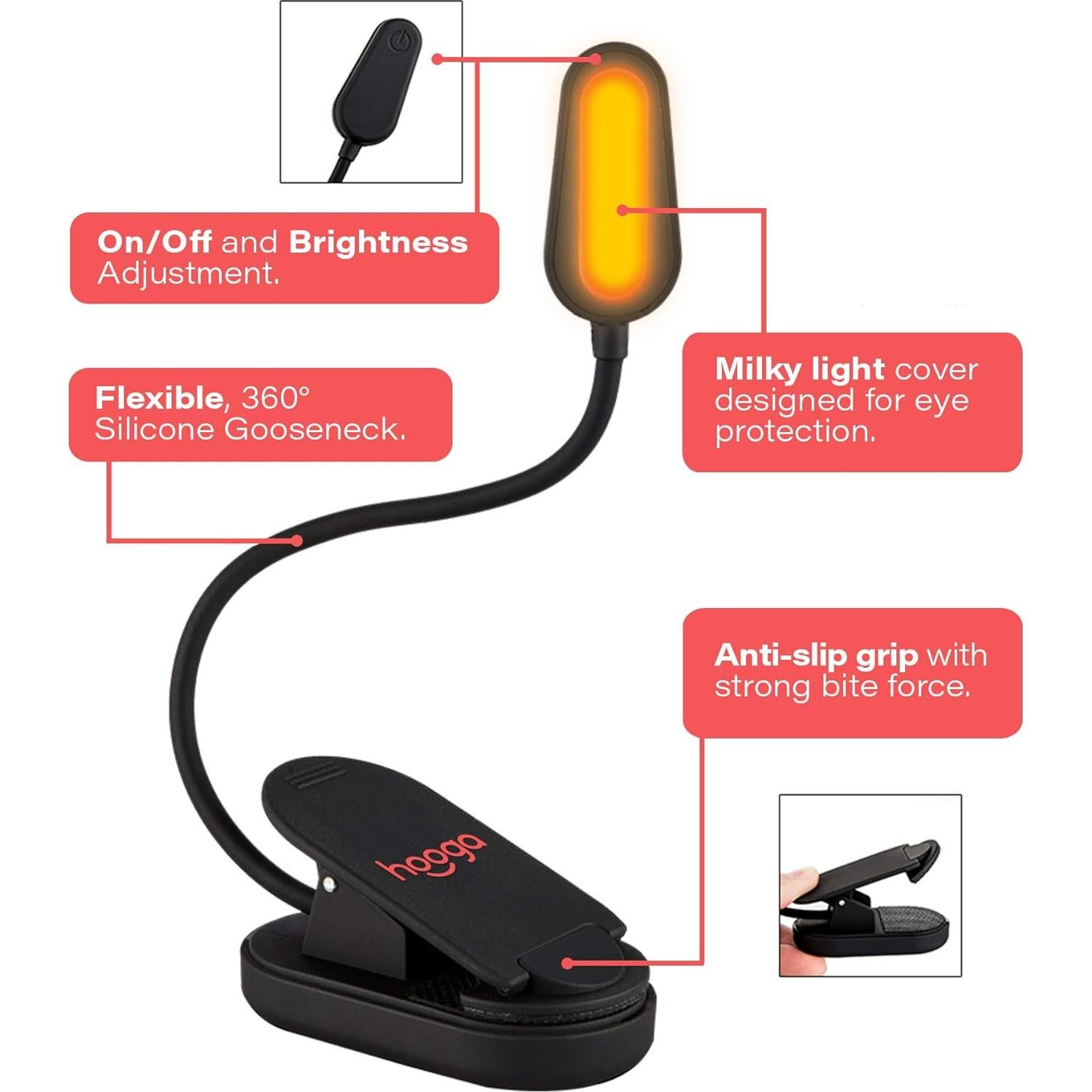 Luz de Libro LED Ámbar Hooga Recargable con Clip 1600K