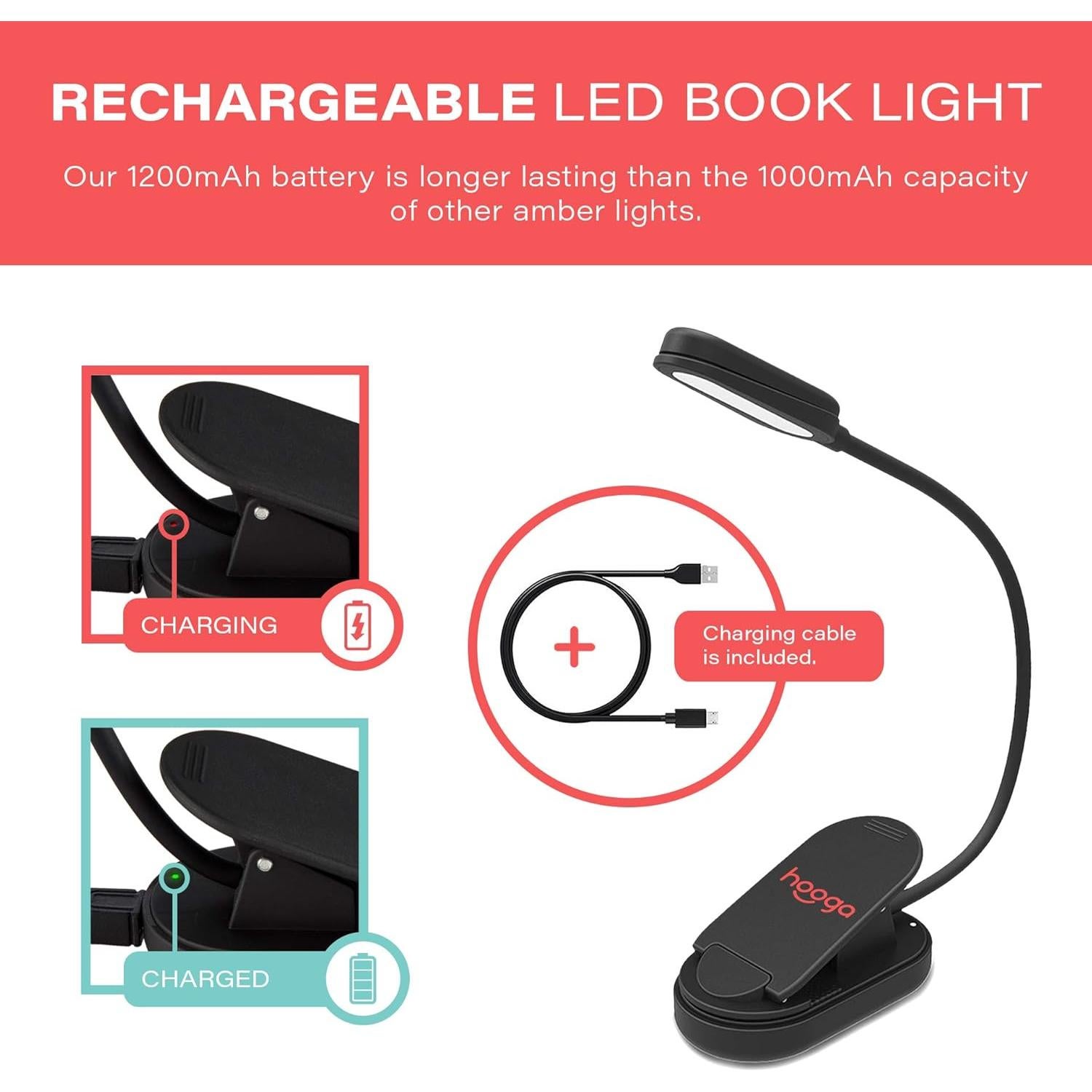 Luz de Libro LED Ámbar Hooga Recargable con Clip 1600K