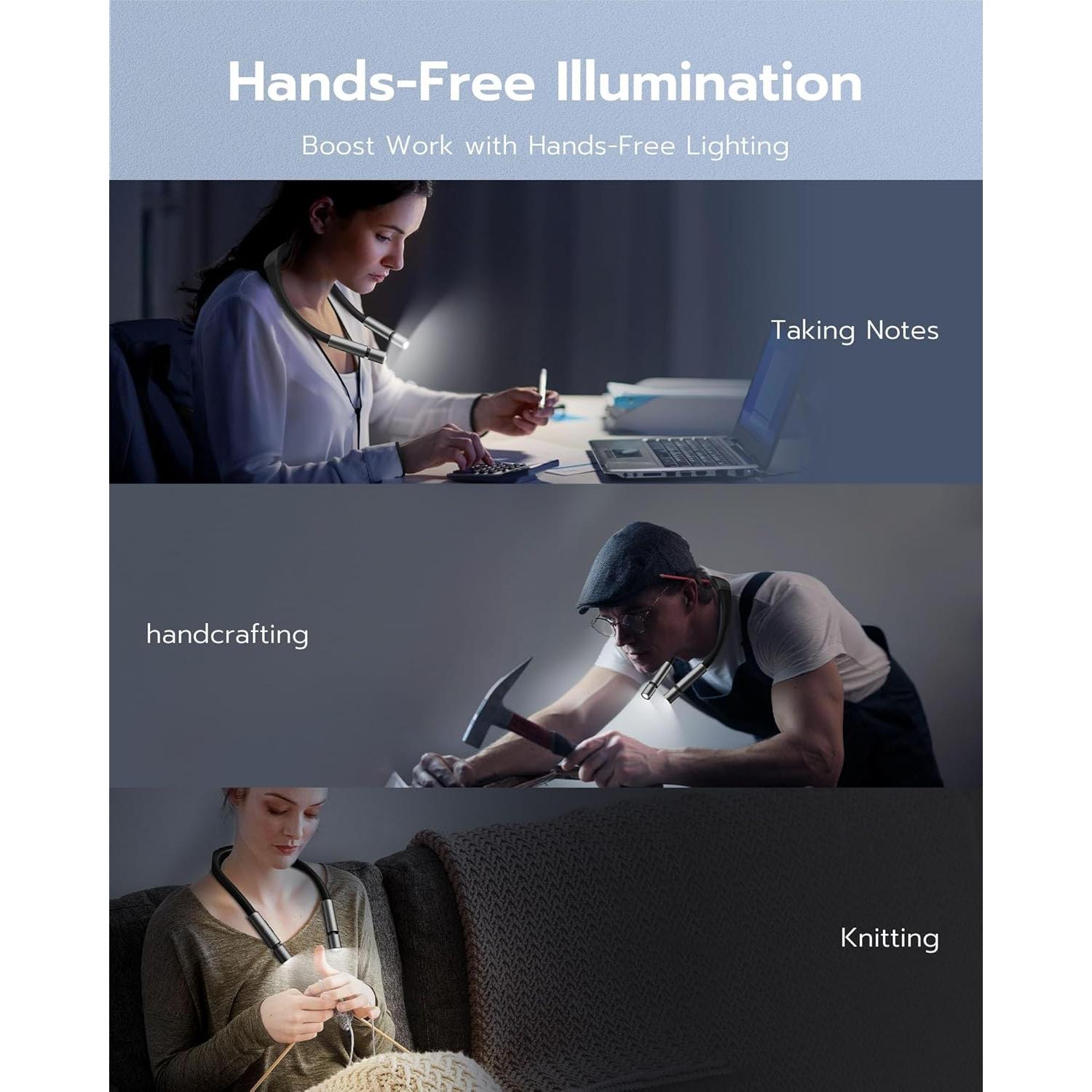 Luz de Lectura para Cuello 86lux, Recargable, 3 Colores, Brillo Ajustable