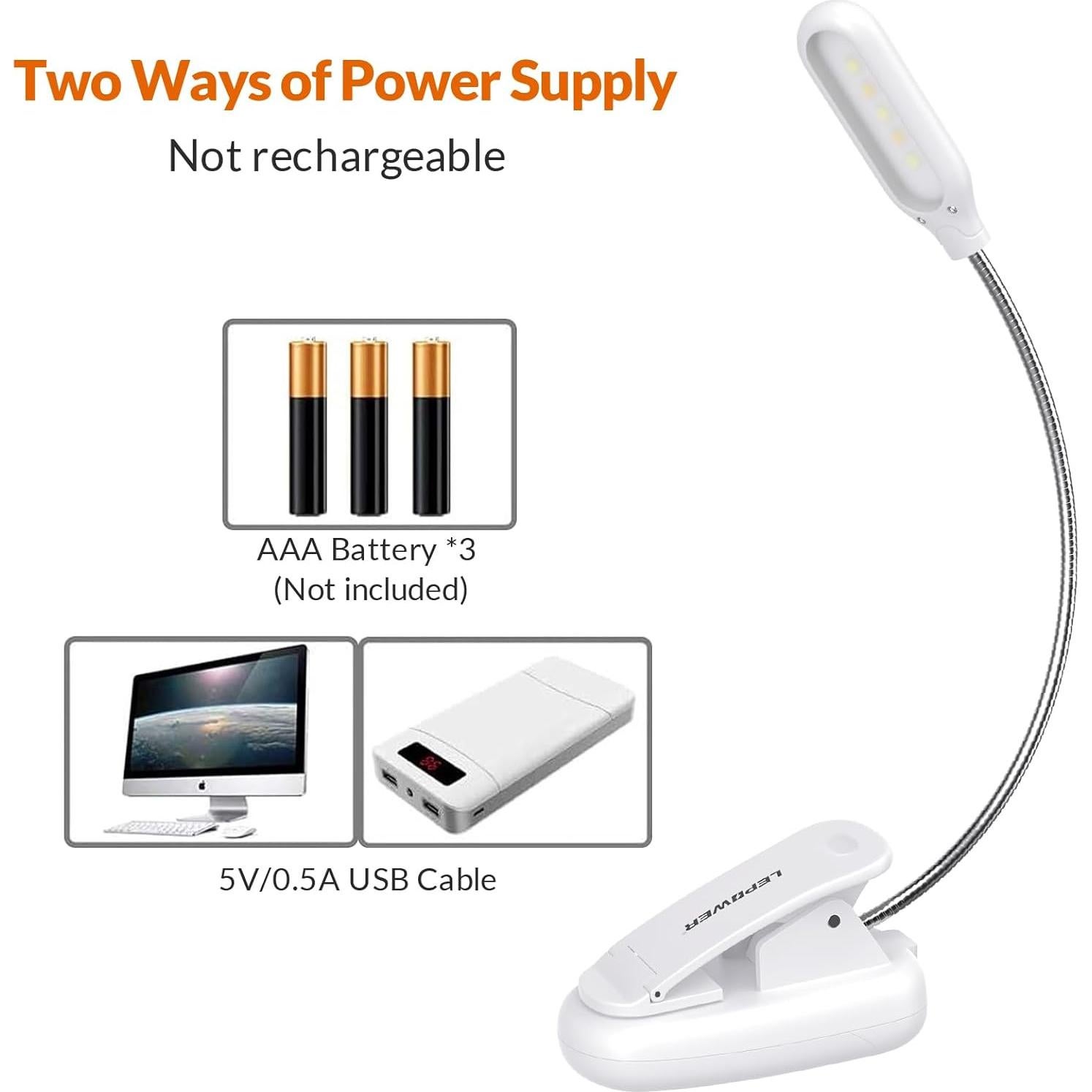 Luz de Libro Clip LEPOWER LED 5 Lúmenes Blanca Portátil