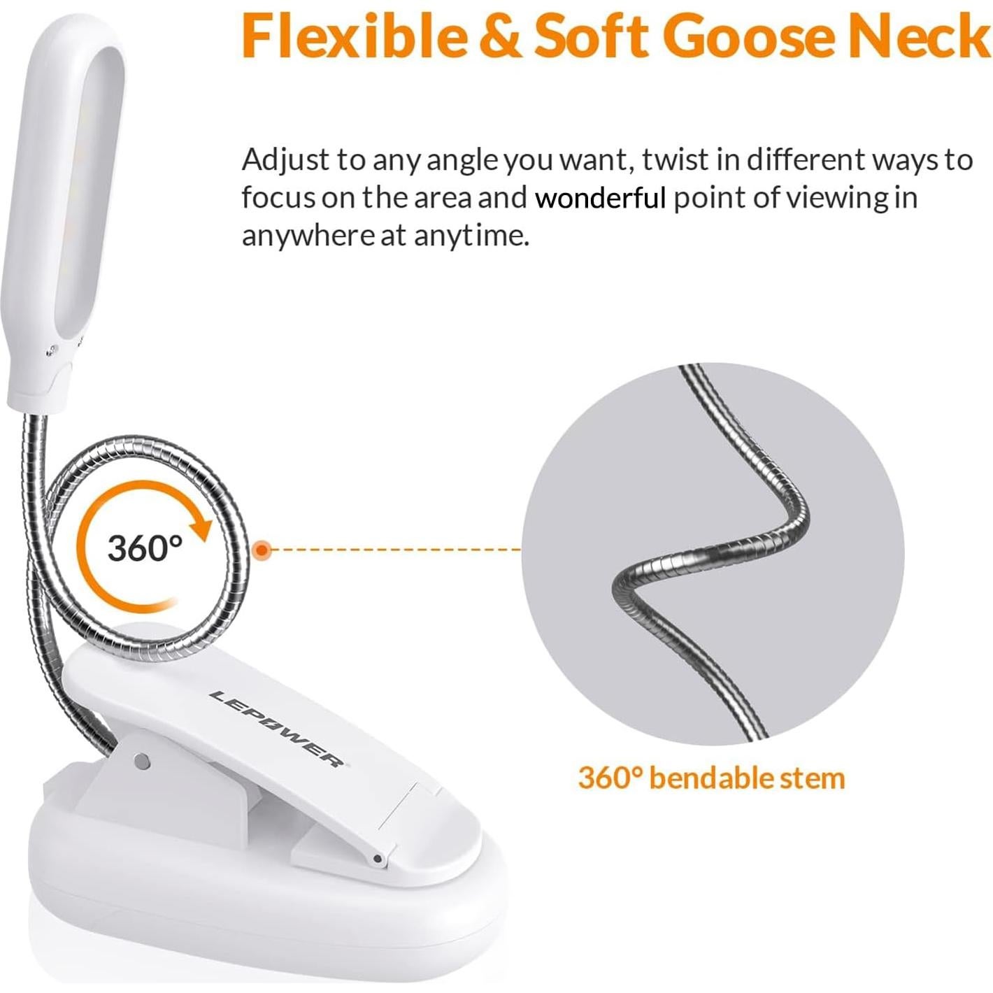 Luz de Libro Clip LEPOWER LED 5 Lúmenes Blanca Portátil