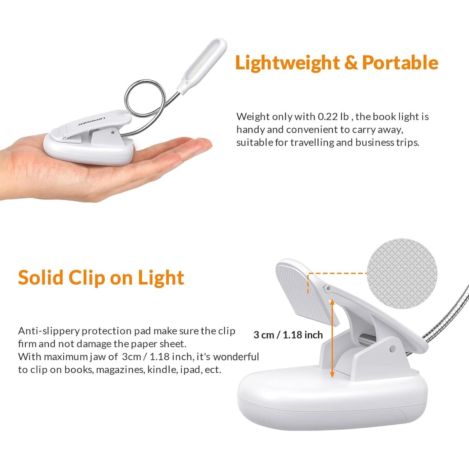 Luz de Libro Clip LEPOWER LED 5 Lúmenes Blanca Portátil