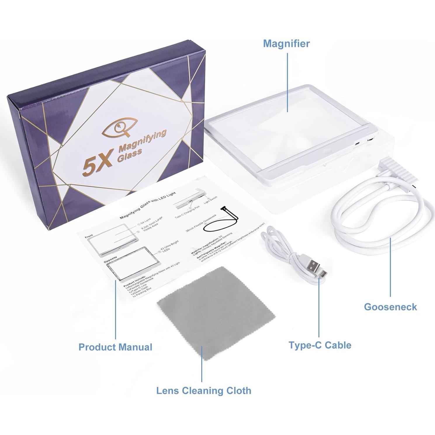 Lupa de Mano Libre 5X Molebe con Luz LED y Soporte