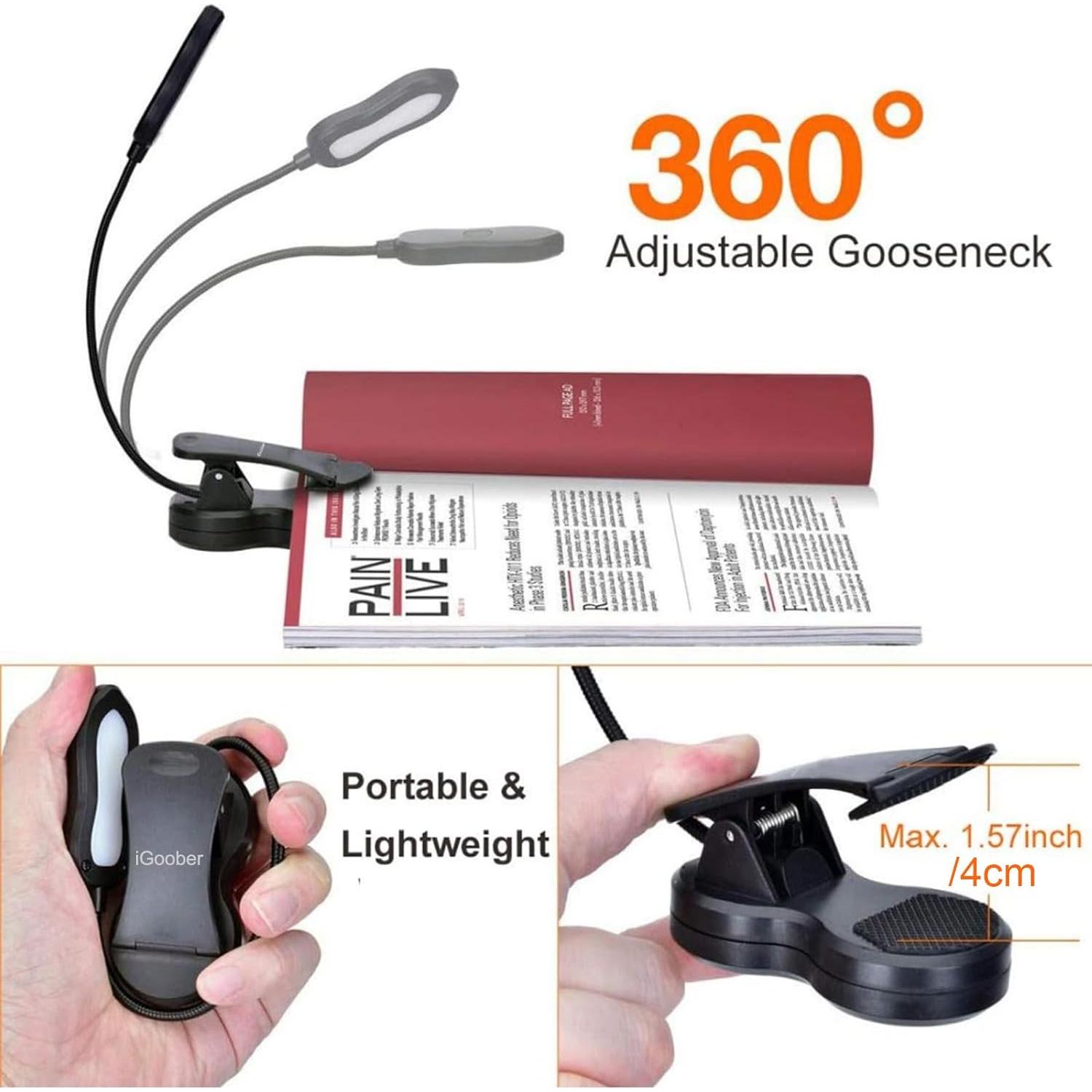 Luz de Libro Ámbar iGoober Recargable con 3 Niveles de Brillo