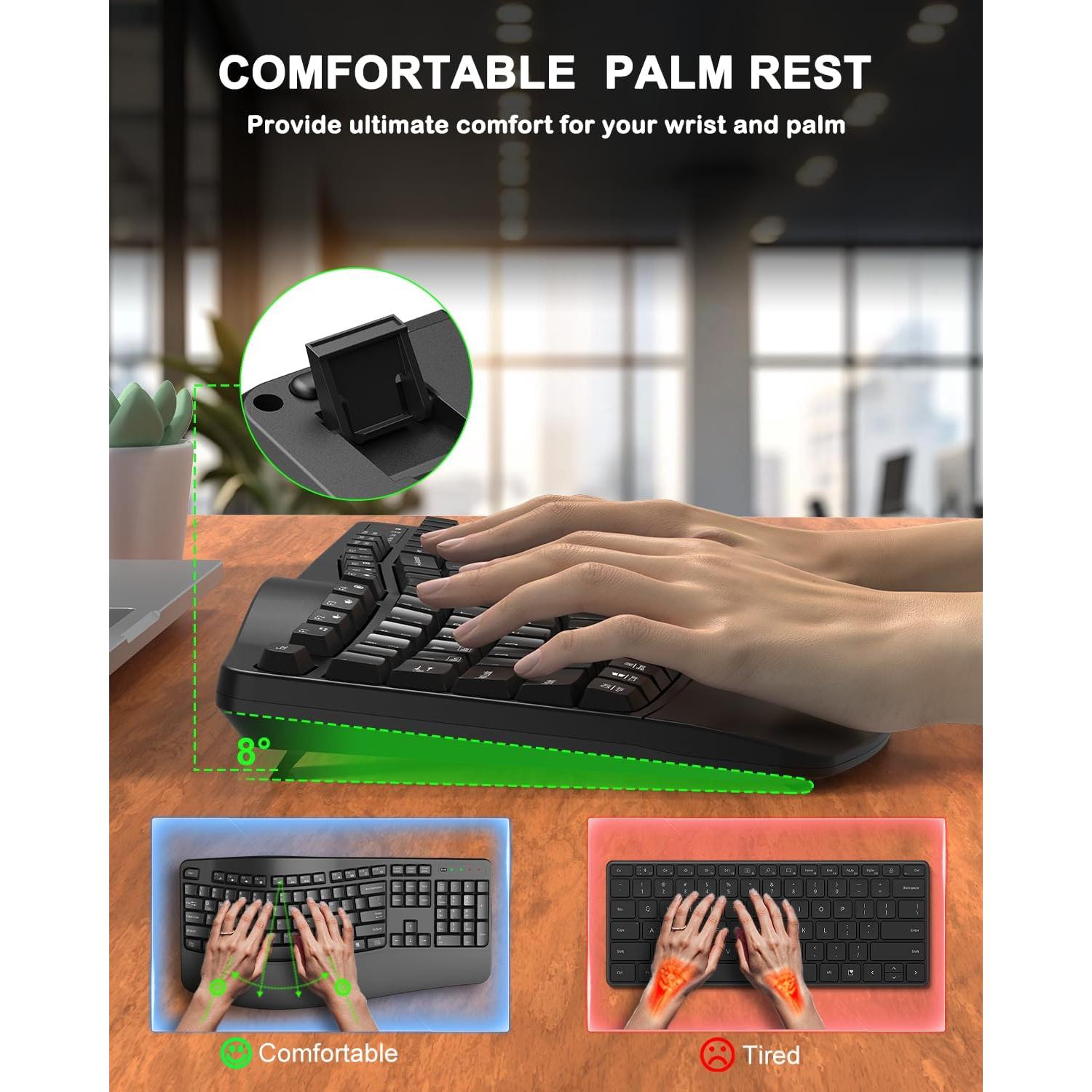 Teclado Inalámbrico Ergonómico QUASIO Negro con Reposamuñecas