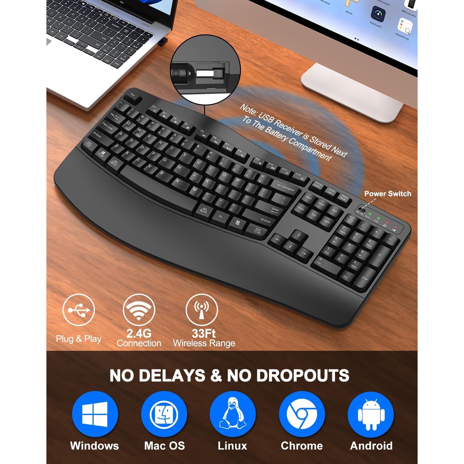 Teclado Inalámbrico Ergonómico QUASIO Negro con Reposamuñecas