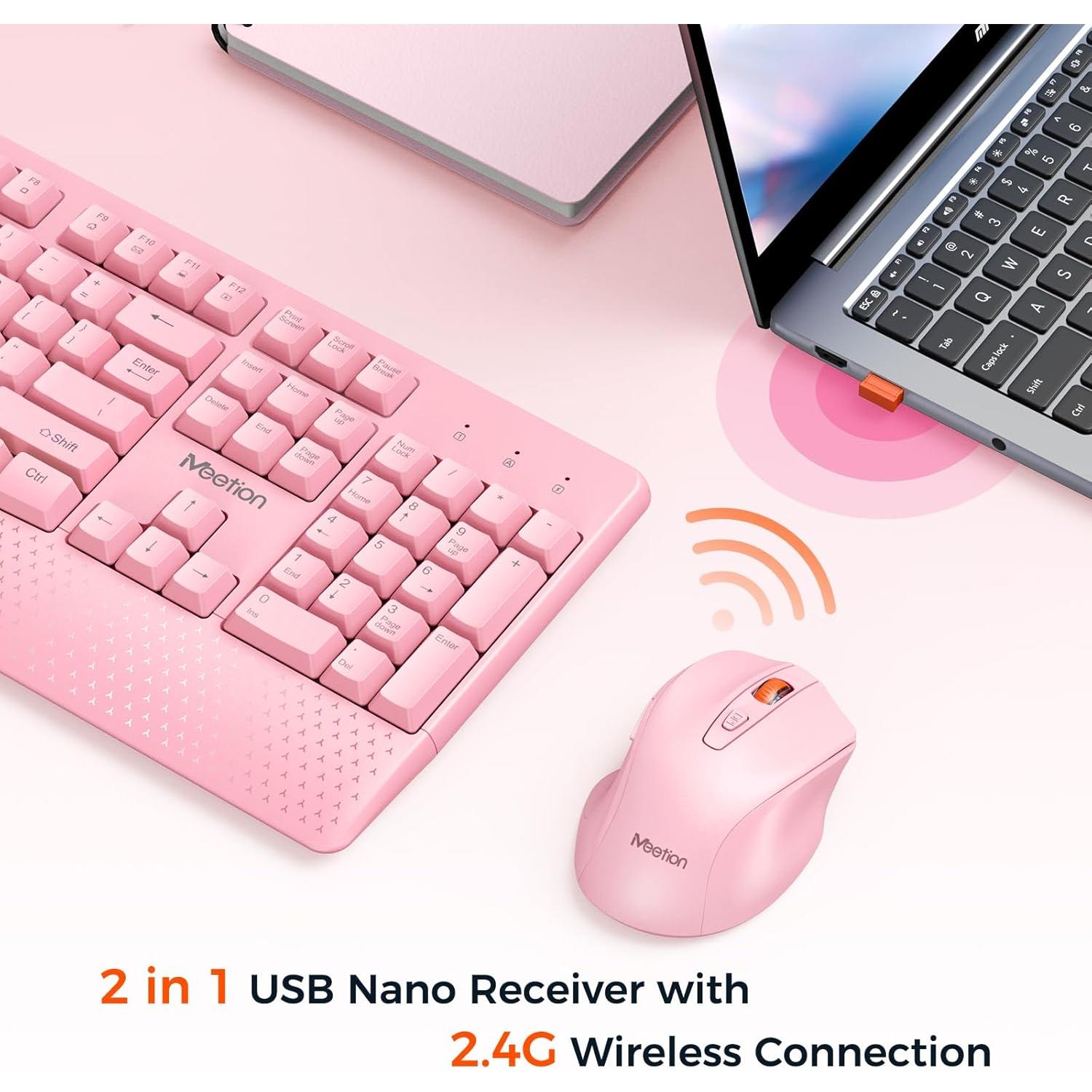 Teclado y Ratón Inalámbricos Meetion Rosa, DPI Ajustable