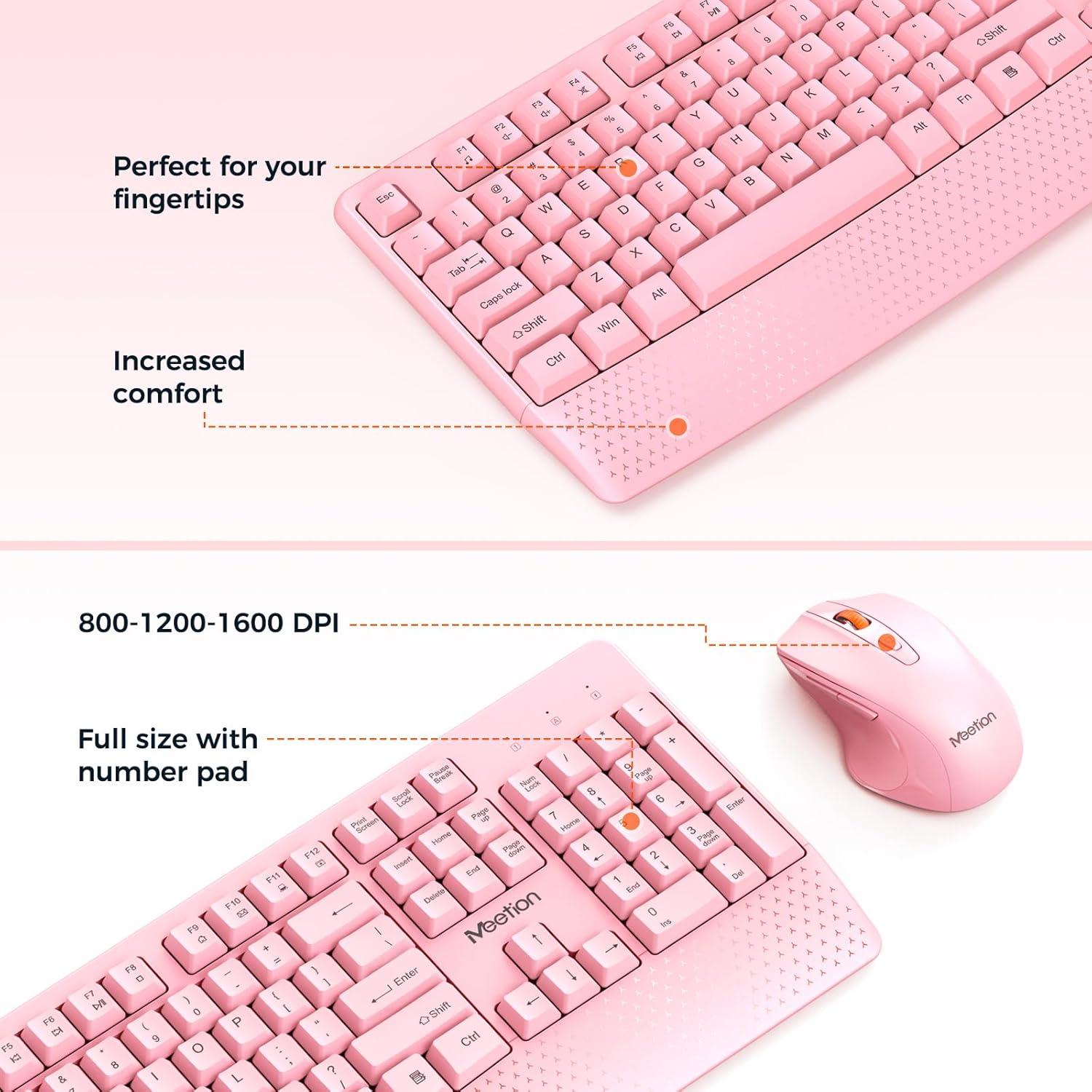 Teclado y Ratón Inalámbricos Meetion Rosa, DPI Ajustable