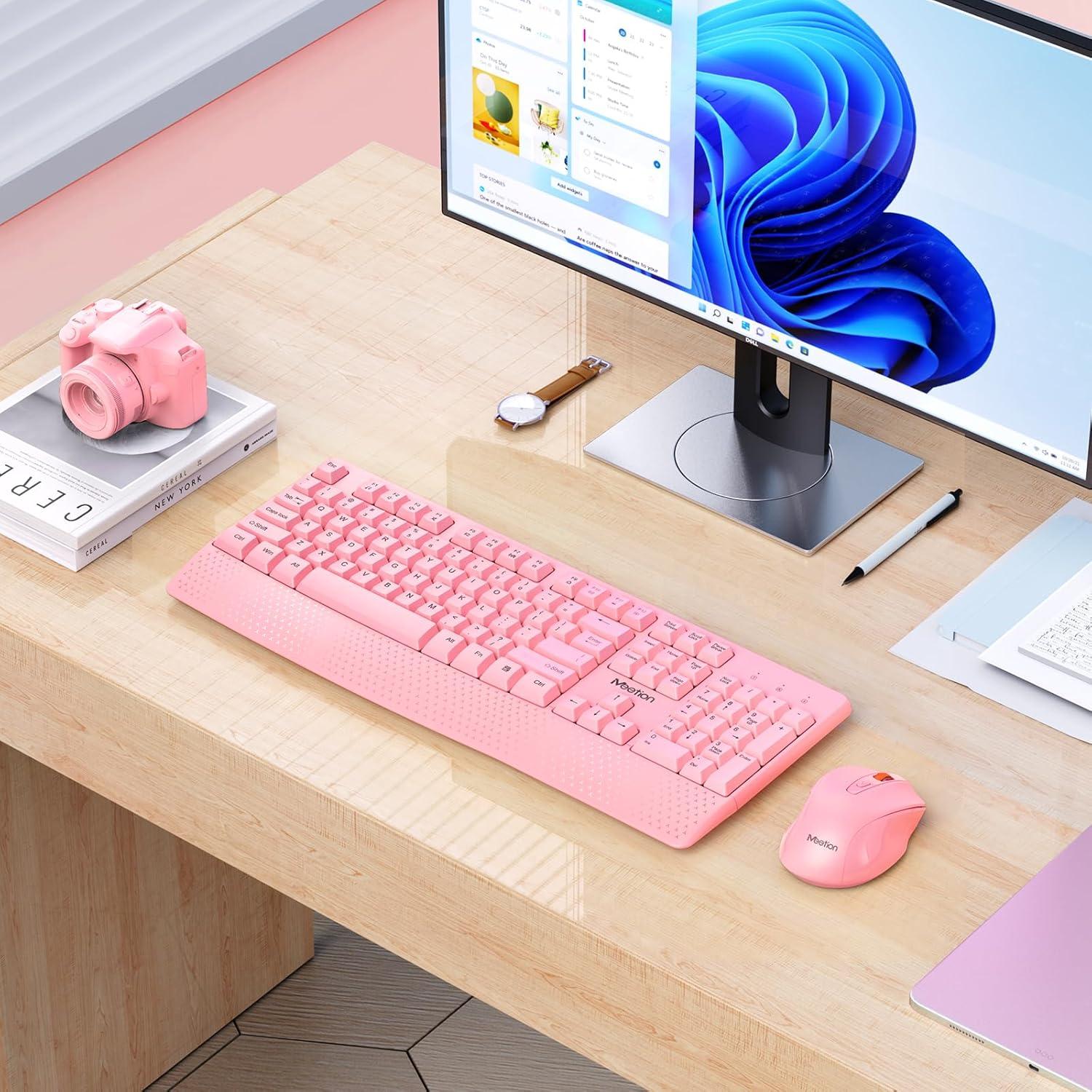 Teclado y Ratón Inalámbricos Meetion Rosa, DPI Ajustable