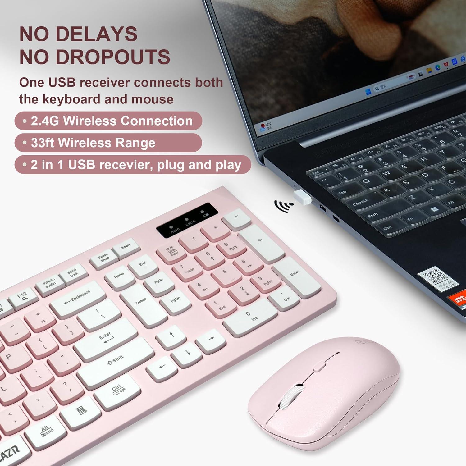 Combo Teclado y Ratón Inalámbrico Reccazr Rosa y Blanco