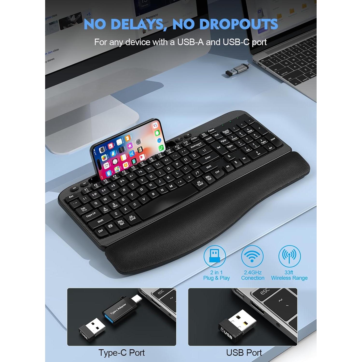Teclado Inalámbrico Ergonómico EAYBLLY con Reposamuñecas