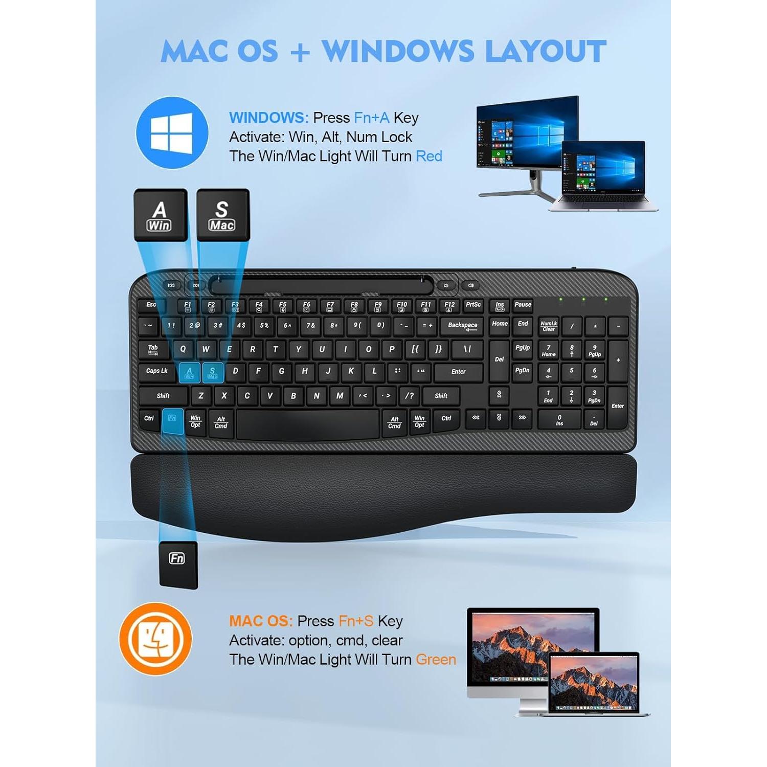 Teclado Inalámbrico Ergonómico EAYBLLY con Reposamuñecas