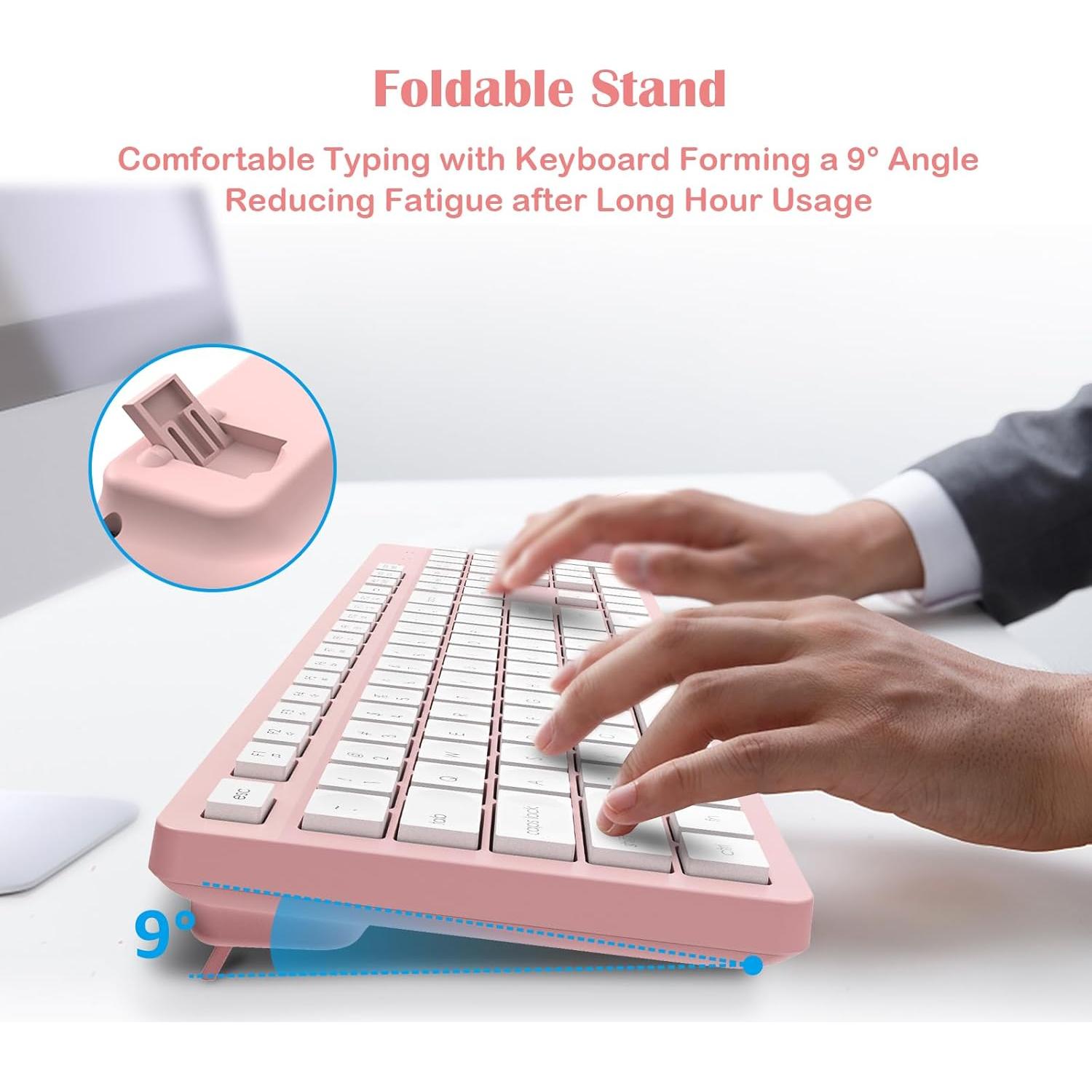 Combo Teclado y Ratón Inalámbrico LeadsaiL Rosa Ergonomico