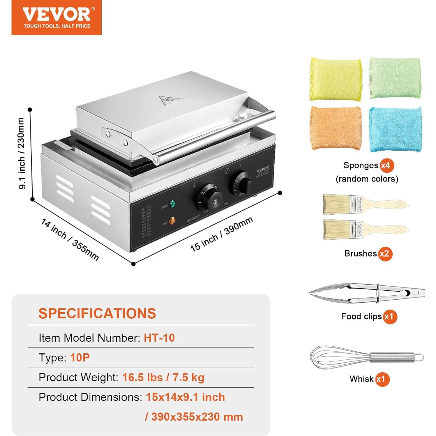Máquina de Waffles VEVOR 10PCS Acero Inoxidable 1550W
