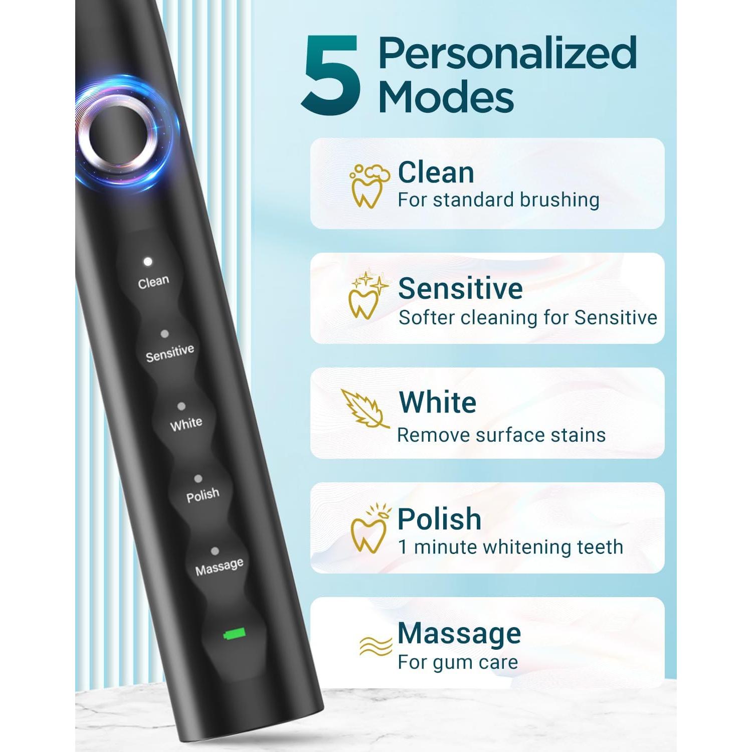 Cepillo de Dientes Eléctrico Rtauys Sónico Negro 5 Modos