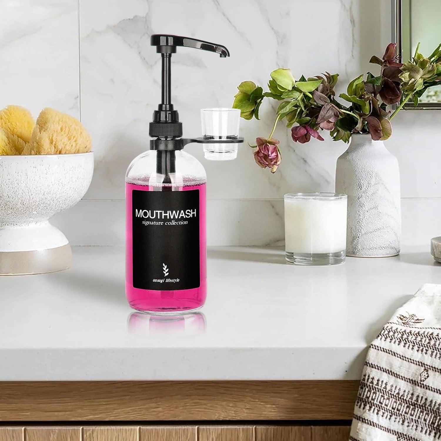 Dispensador de Enjuague Bucal Vidrio Onsogi 473 ml con Soporte