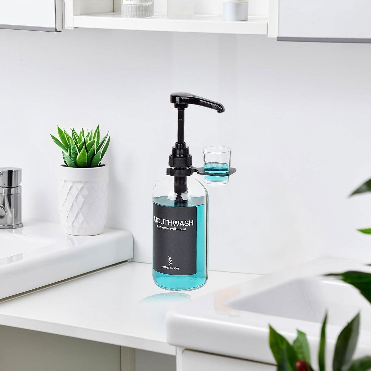 Dispensador de Enjuague Bucal Vidrio Onsogi 473 ml con Soporte