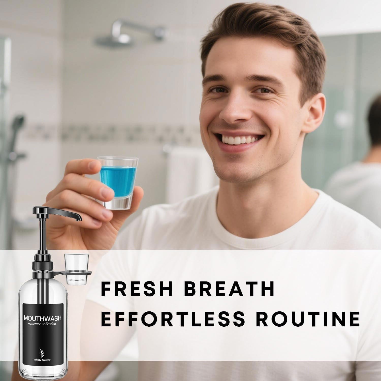 Dispensador de Enjuague Bucal Vidrio Onsogi 473 ml con Soporte