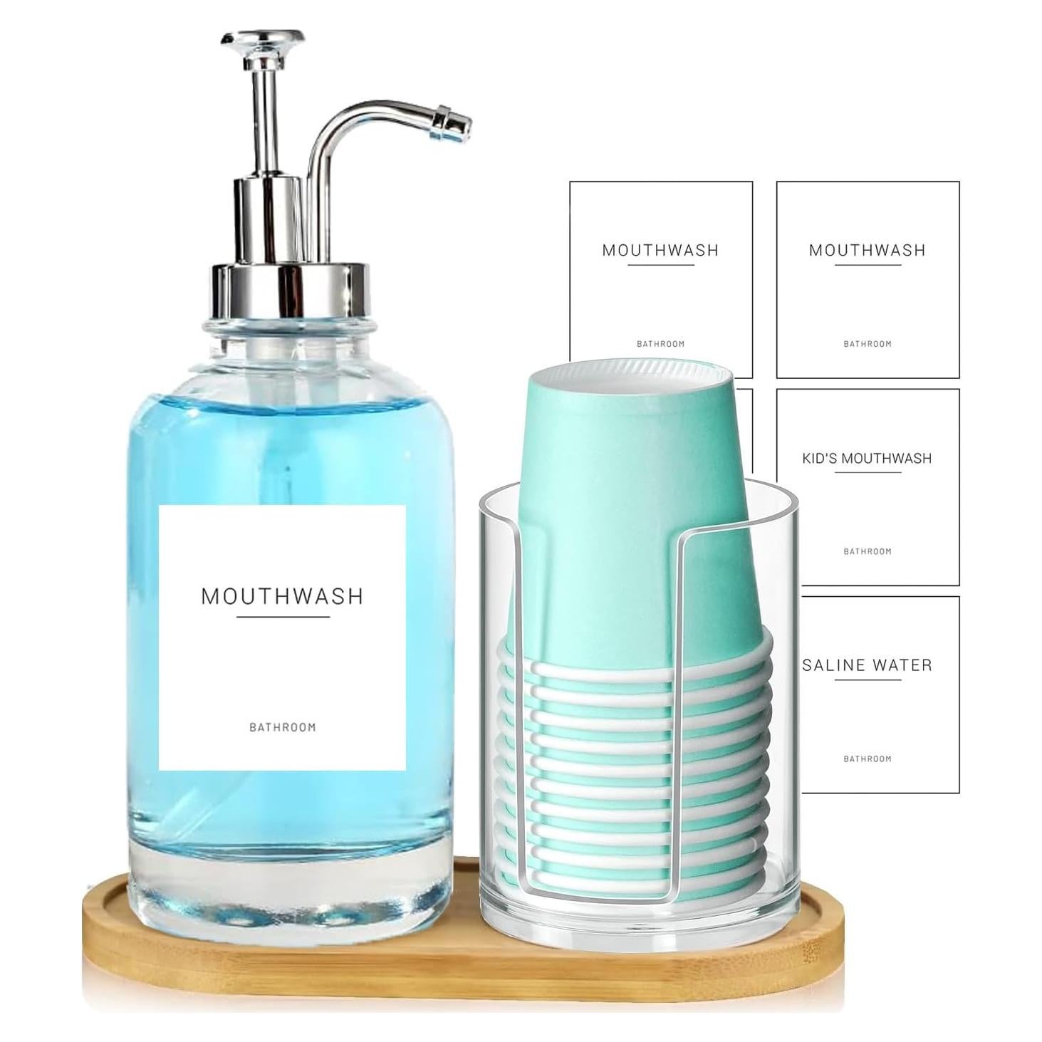 Dispensador de enjuague bucal Ezebesta vidrio 500 ml con soporte