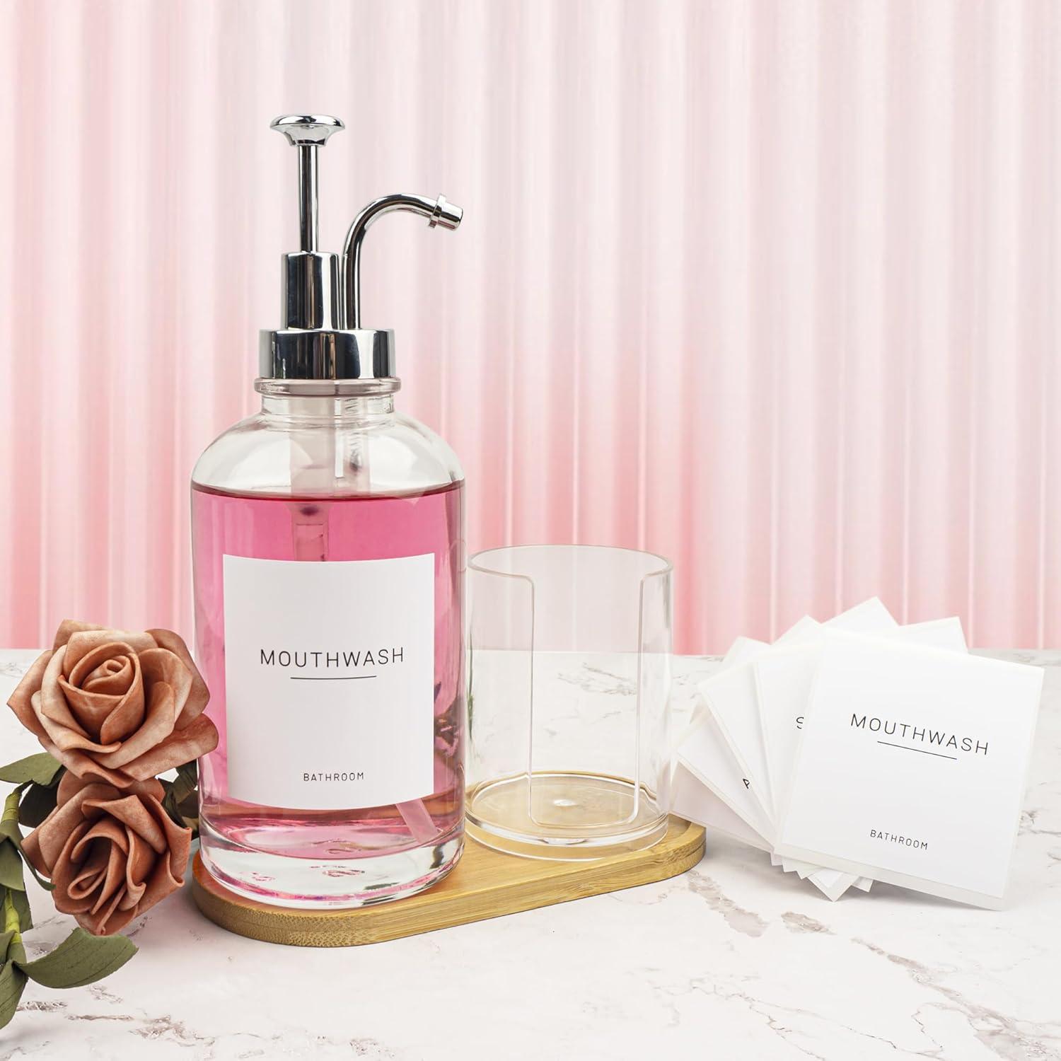 Dispensador de enjuague bucal Ezebesta vidrio 500 ml con soporte