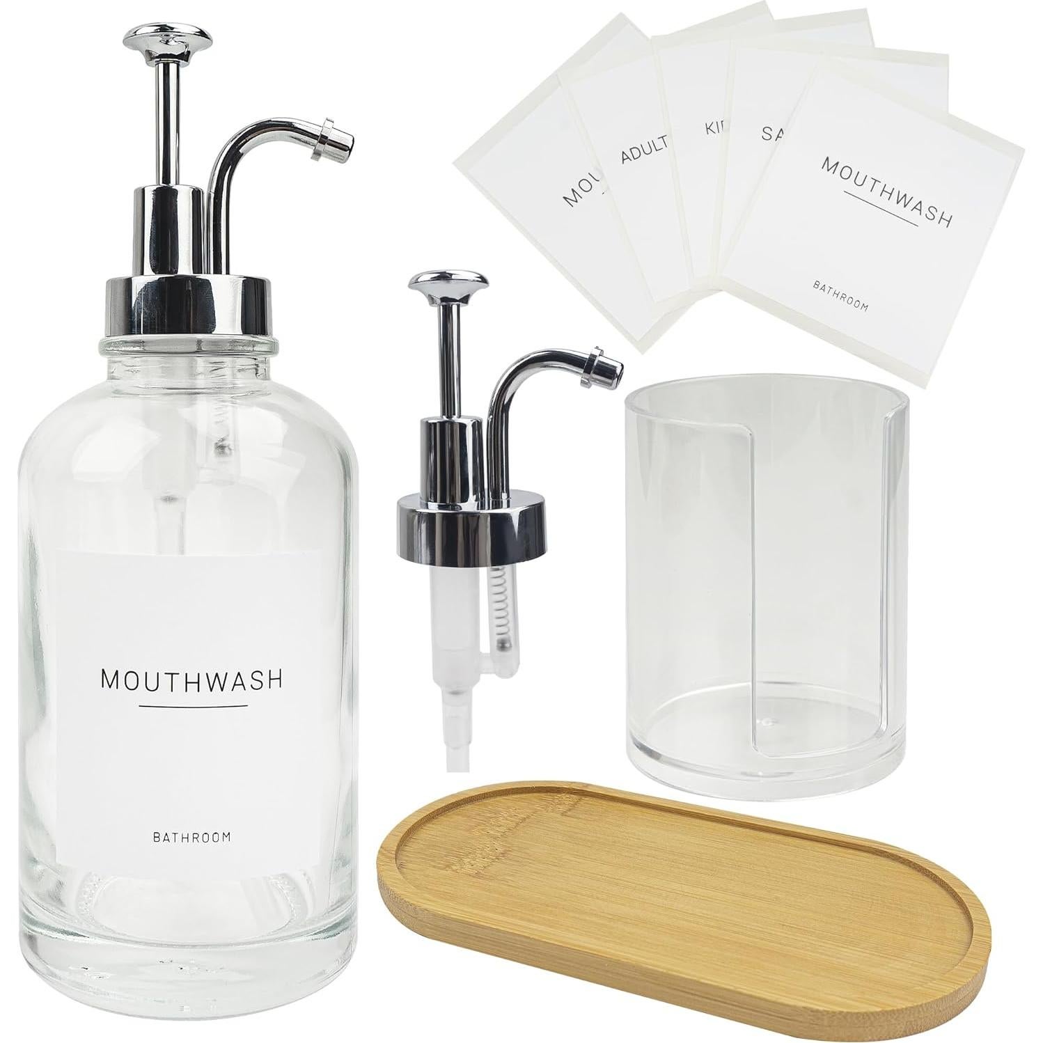 Dispensador de enjuague bucal Ezebesta vidrio 500 ml con soporte