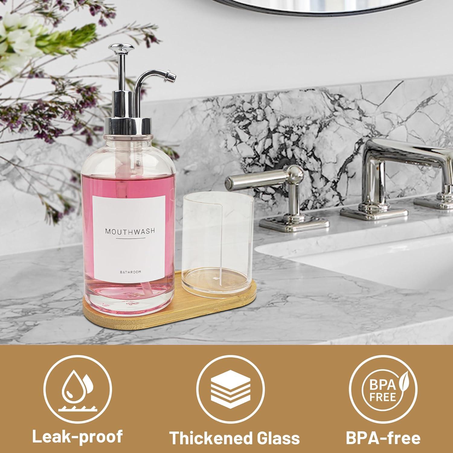 Dispensador de enjuague bucal Ezebesta vidrio 500 ml con soporte