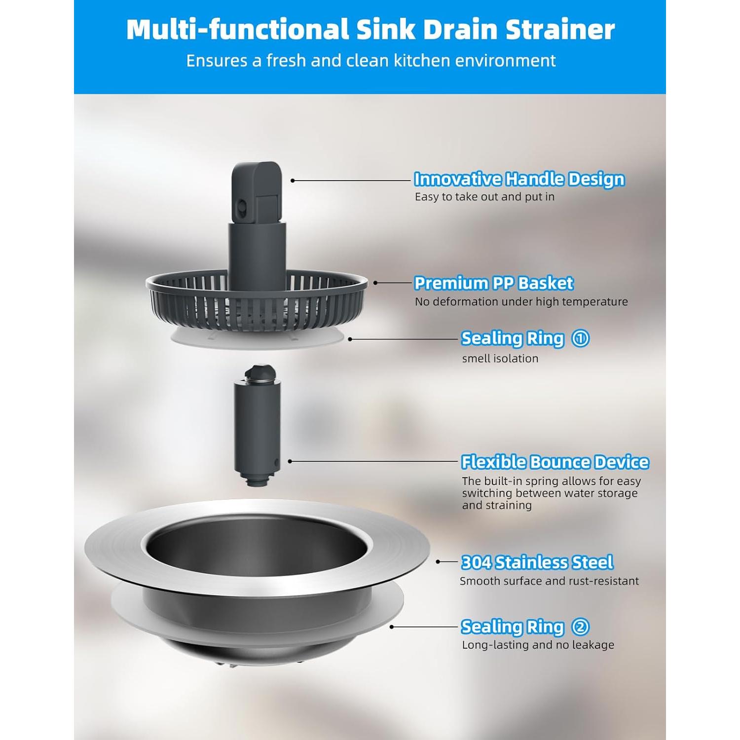 Colador y Tapón de Drenaje Hibbent Acero Inoxidable 3 en 1