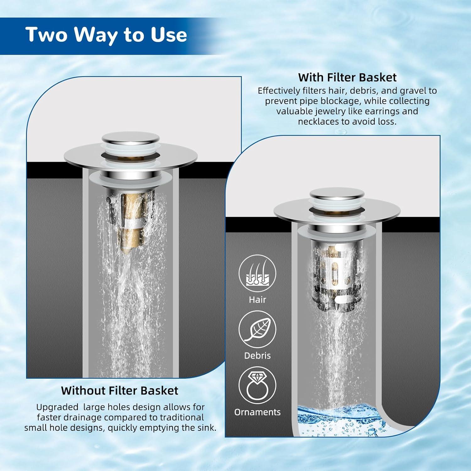 Hibbent Filtro de Drenaje 3 en 1 para Lavabo Cromo 2 Piezas
