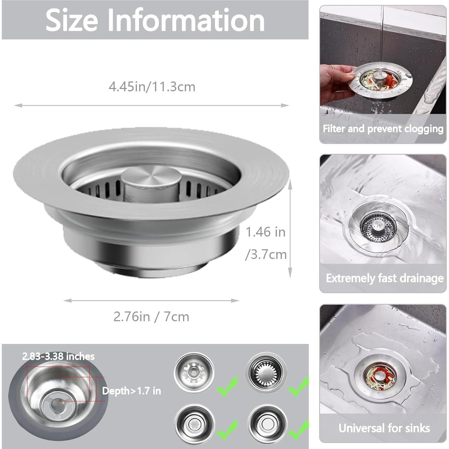 Colador de desagüe de fregadero HJQHRU 3 en 1 acero inoxidable