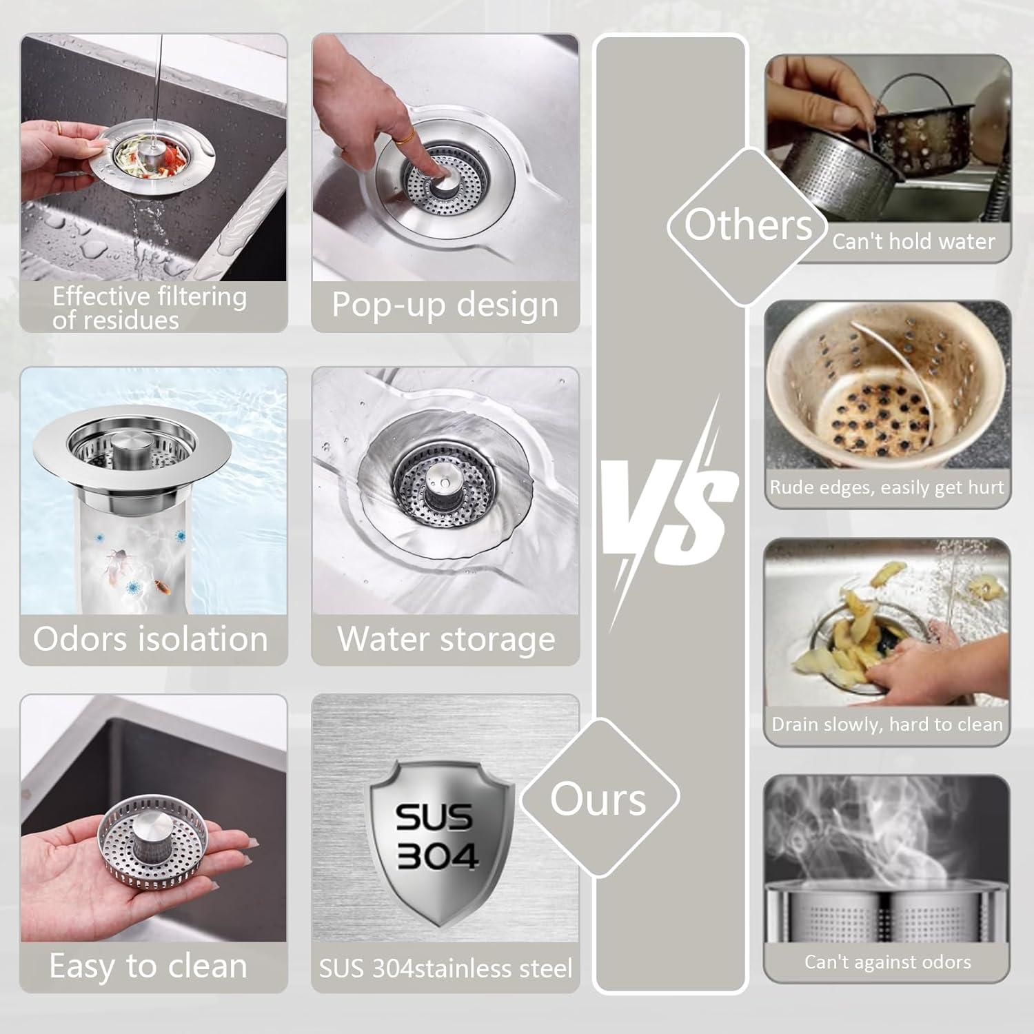 Colador de desagüe de fregadero HJQHRU 3 en 1 acero inoxidable