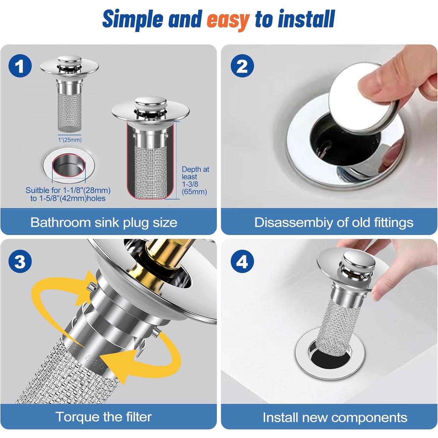 2 Tapones de Lavabo Emergentes BGGMN con Filtro de Acero Inoxidable