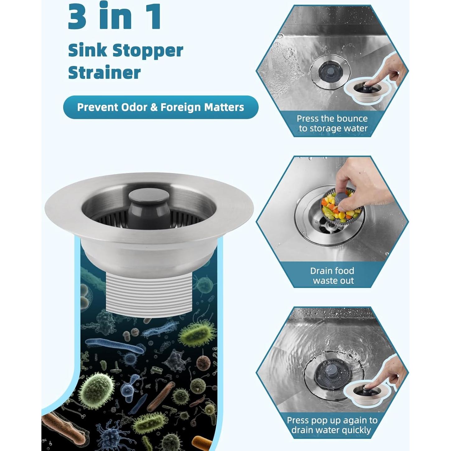 Colador de Fregadero 3 en 1 Hygie Rinse Acero Inoxidable 8.89 cm