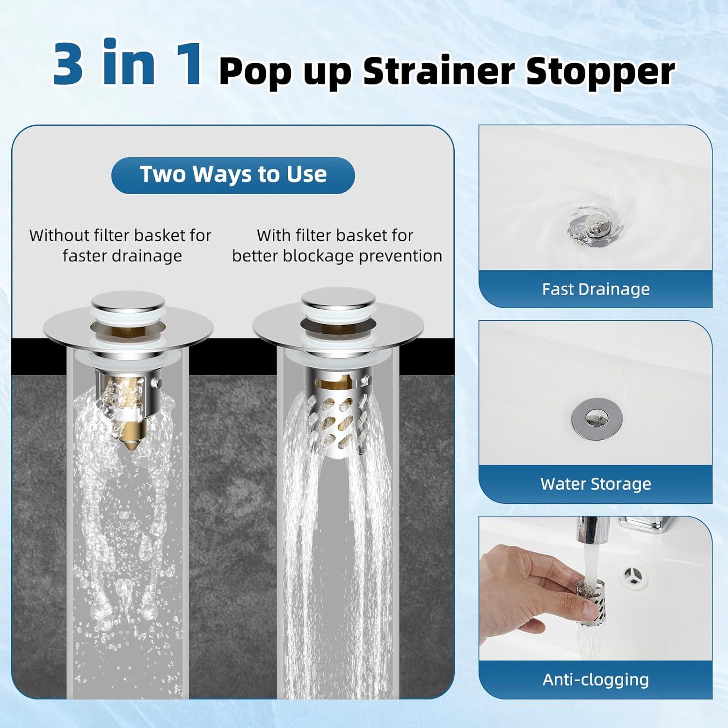 Tapón de Lavabo iFealClear Cromo 3 en 1 Drenaje Filtro