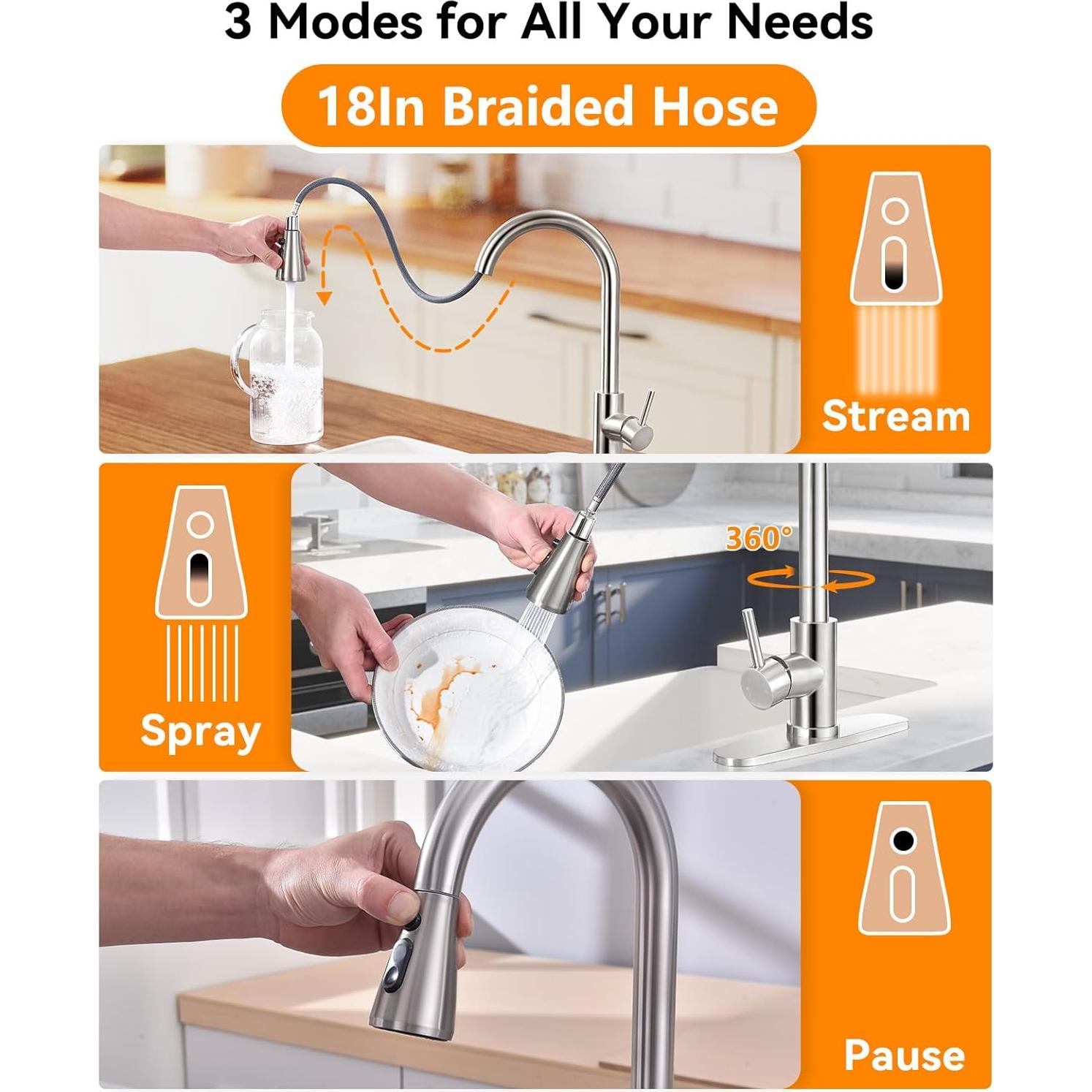 Modern Kitchen Faucets with 3 Modes and Pull Down Sprayer, Brushed Nickel Stainless Steel High Arc Single Handle 360° Swivel Kitchen Sink Faucets 1 or 3 Hole for Farmhouse Laundry Camper Rv Bar