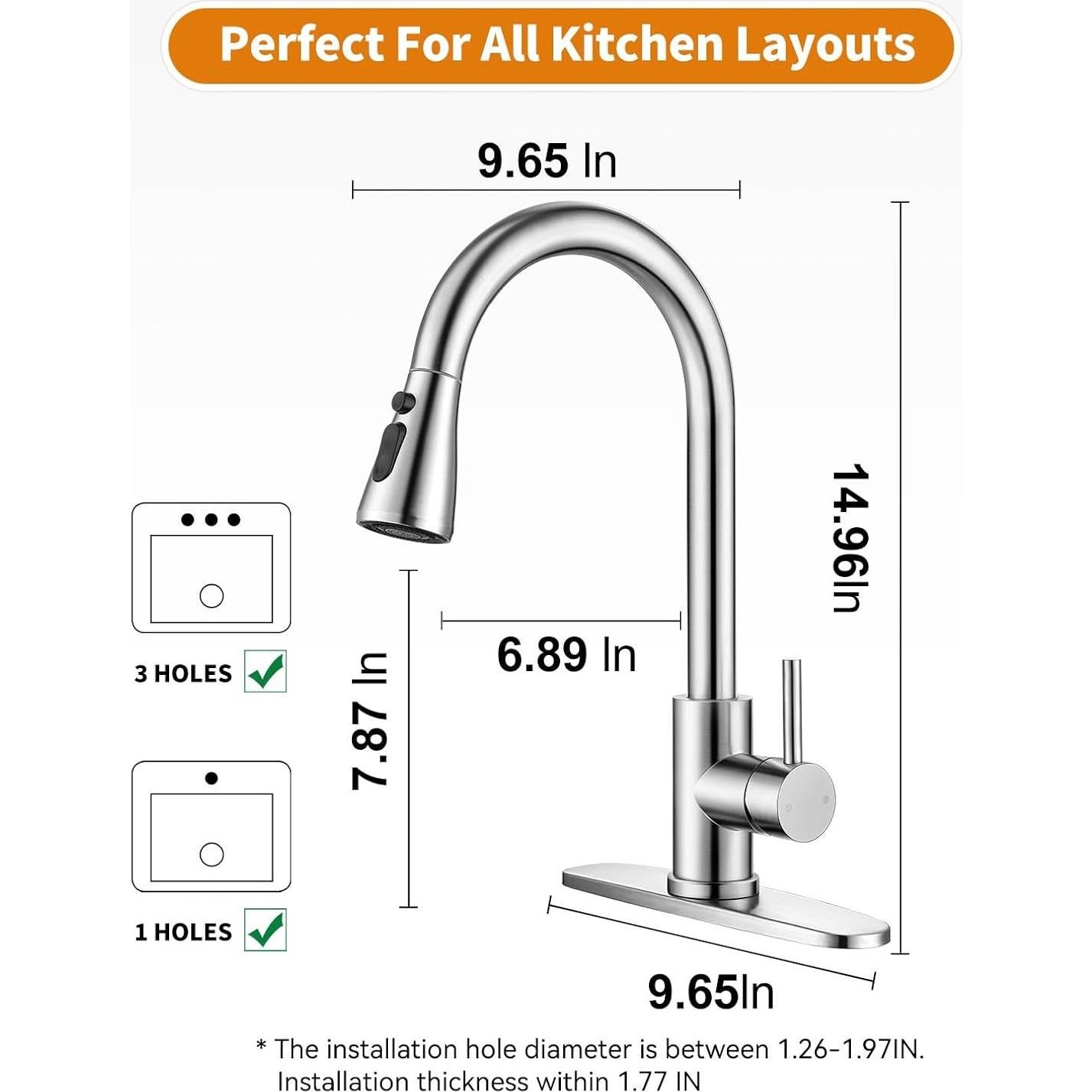 Modern Kitchen Faucets with 3 Modes and Pull Down Sprayer, Brushed Nickel Stainless Steel High Arc Single Handle 360° Swivel Kitchen Sink Faucets 1 or 3 Hole for Farmhouse Laundry Camper Rv Bar