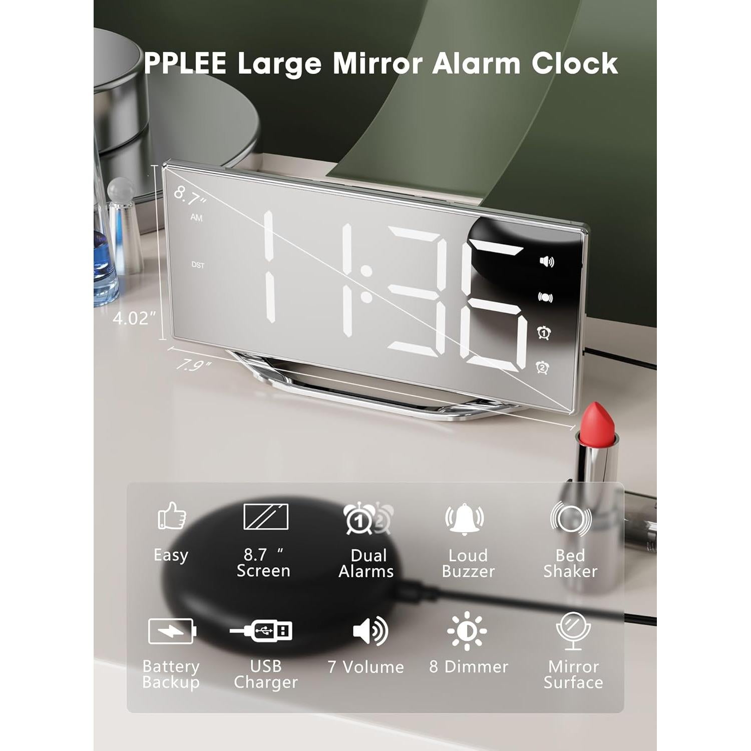 Reloj Despertador Digital PPLEE con Sacudidor y USB 8.7"