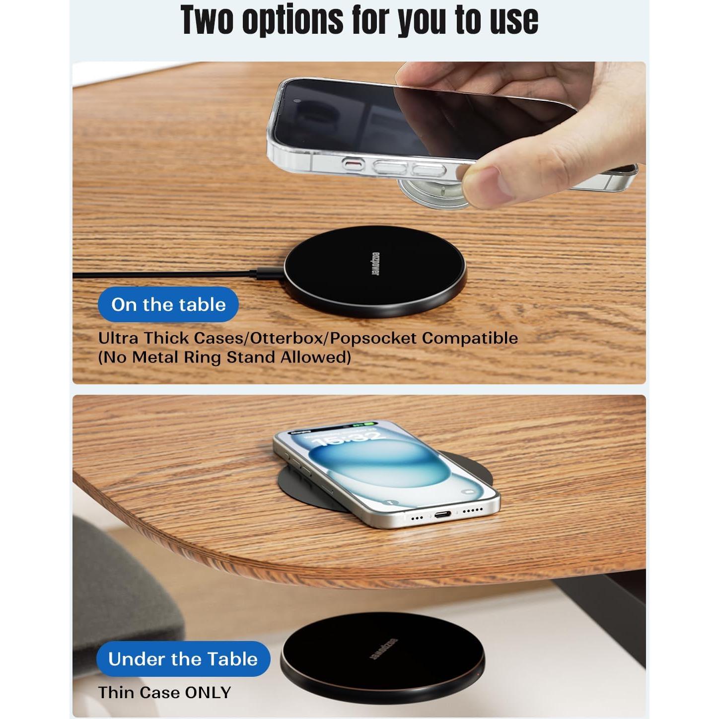 Invisible Wireless Charger, 0-30mm Under Desk Wireless Charger, Dual Uses On or Hidden Under Table Charging Pad for Nightstand for iPhone 17/17 Pro/17 Pro Max/17 Air/16/15/14/Samsung Phone