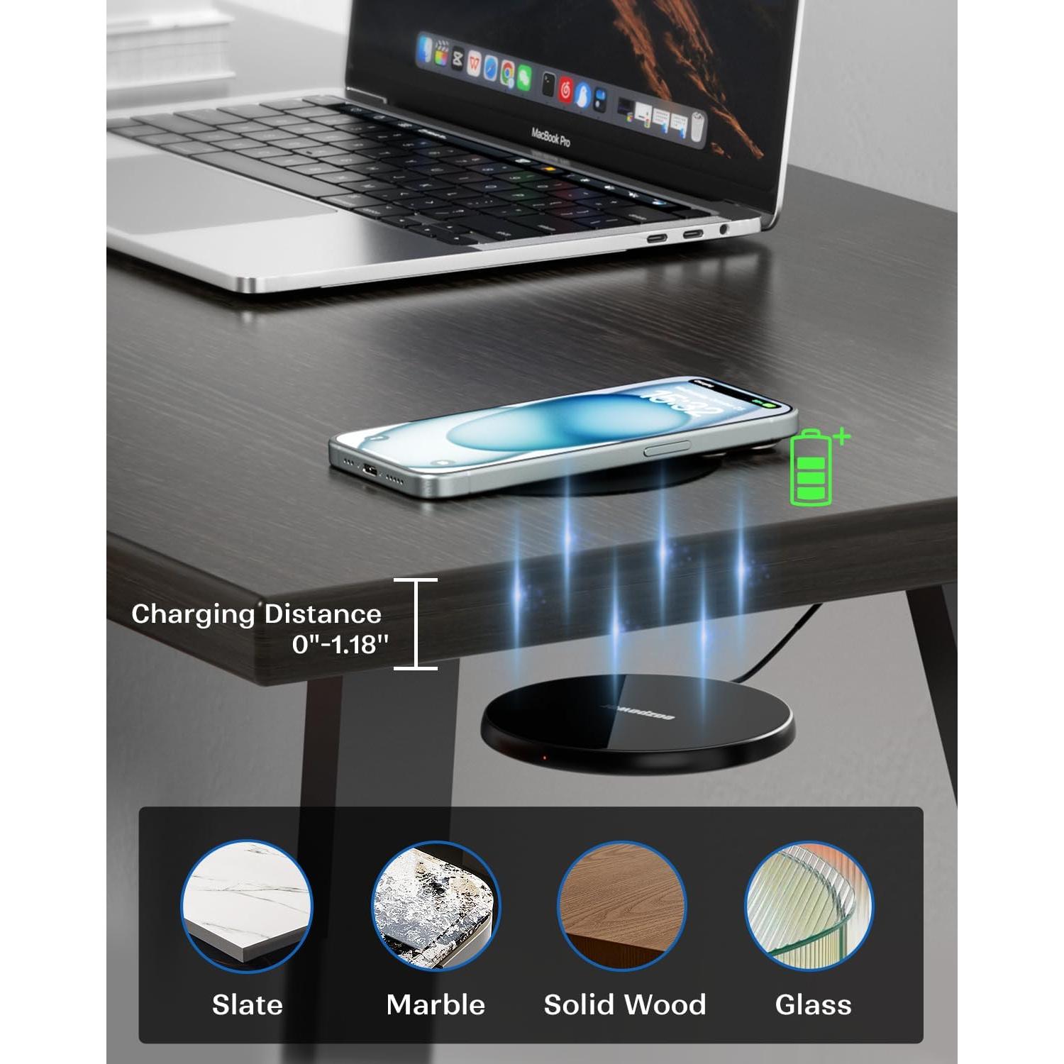 Invisible Wireless Charger, 0-30mm Under Desk Wireless Charger, Dual Uses On or Hidden Under Table Charging Pad for Nightstand for iPhone 17/17 Pro/17 Pro Max/17 Air/16/15/14/Samsung Phone