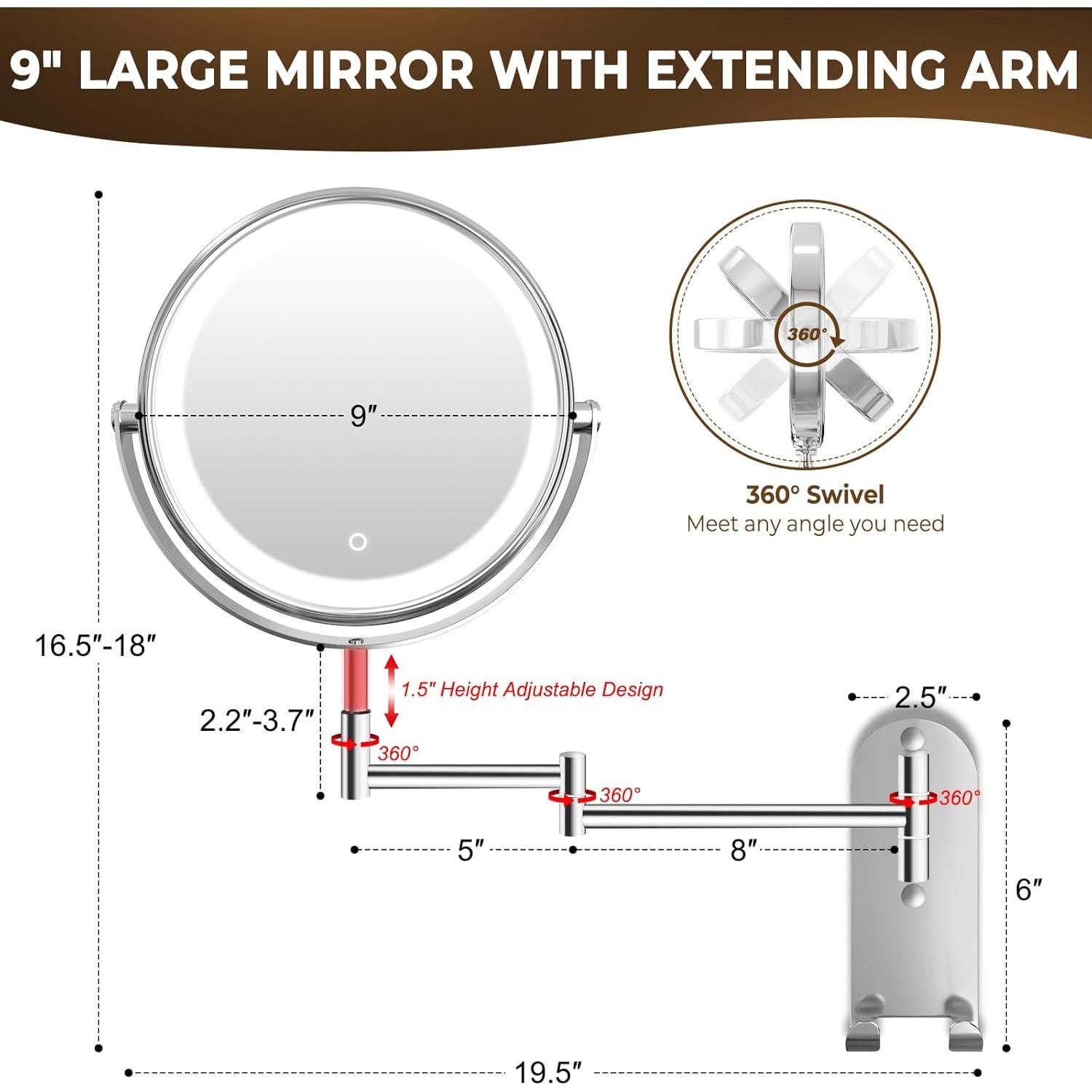 Espejo de Maquillaje Iluminado CONLWIN 22.86 cm Doble Cara 1X/10X