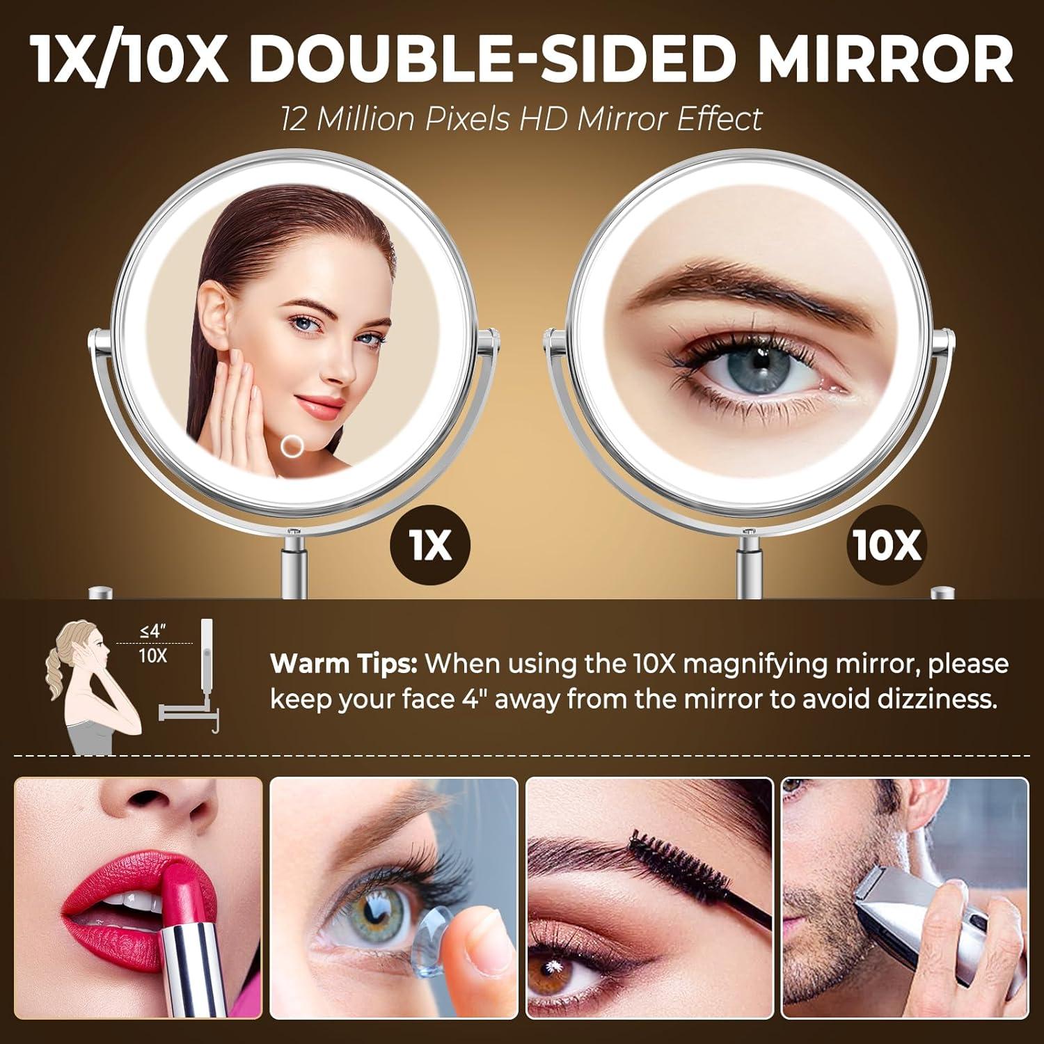 Espejo de Maquillaje Iluminado CONLWIN 22.86 cm Doble Cara 1X/10X