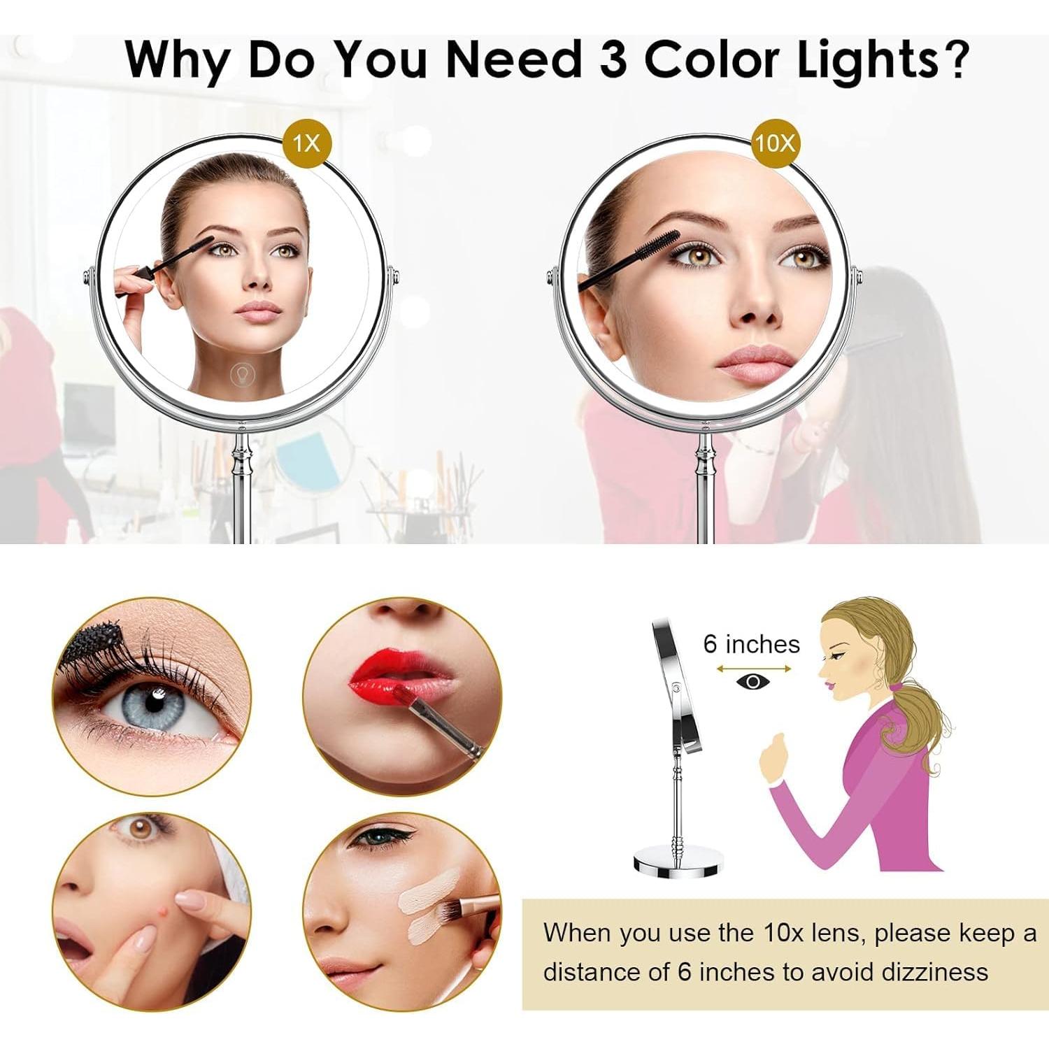 Espejo de Maquillaje Iluminado DEIOVWXS 20 cm 1x/10x Rotación 360°