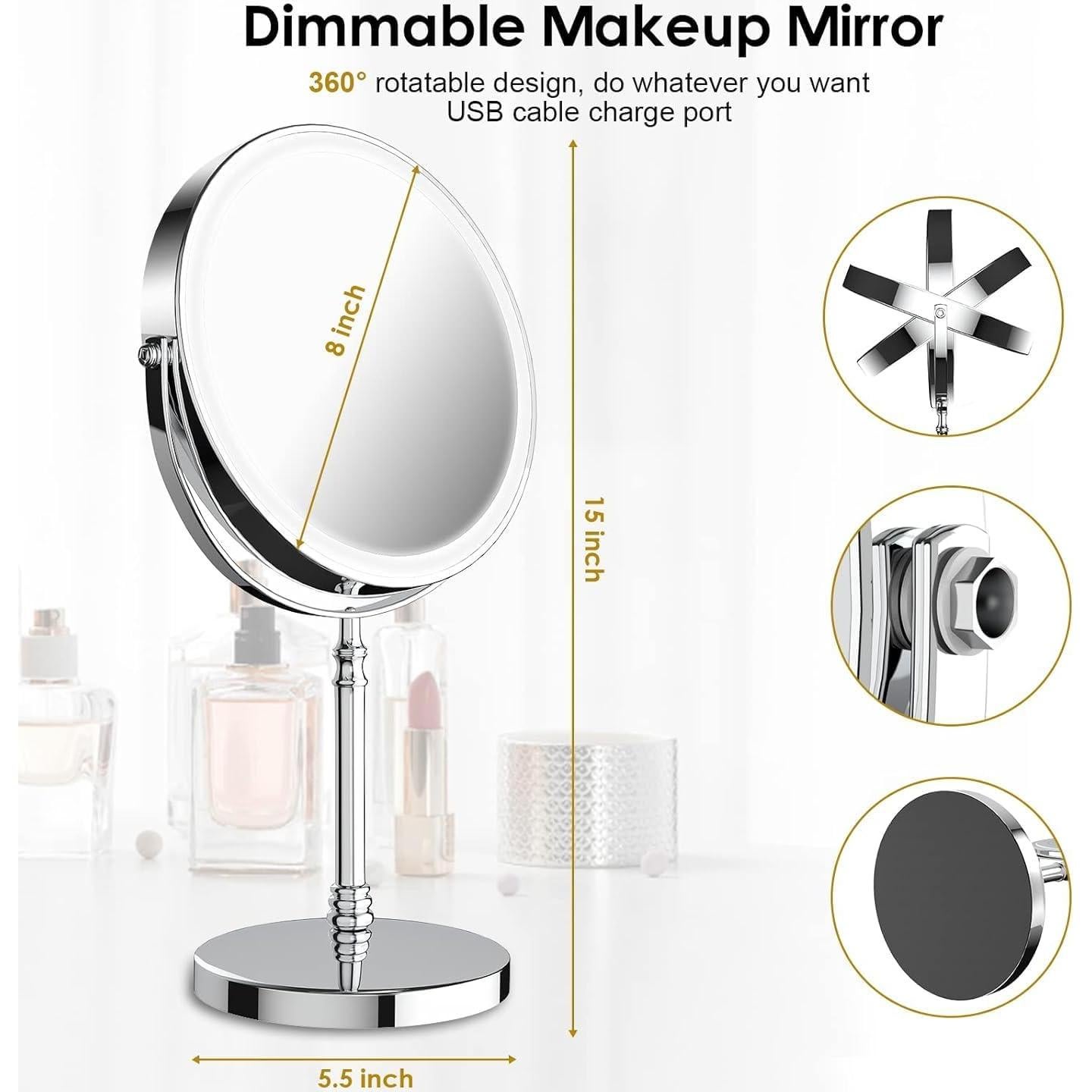 Espejo de Maquillaje Iluminado DEIOVWXS 20 cm 1x/10x Rotación 360°