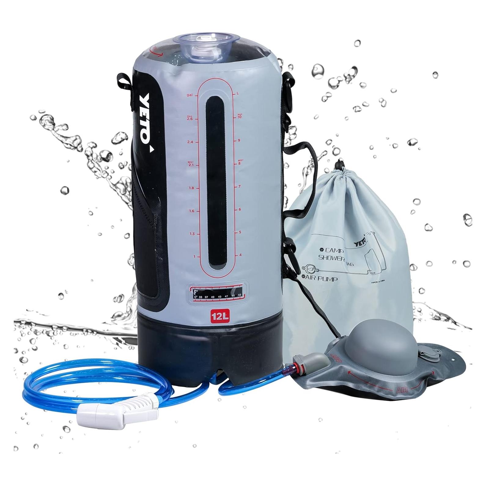 Ducha Solar Portátil YETO 12L con Bomba de Pie y Boquilla