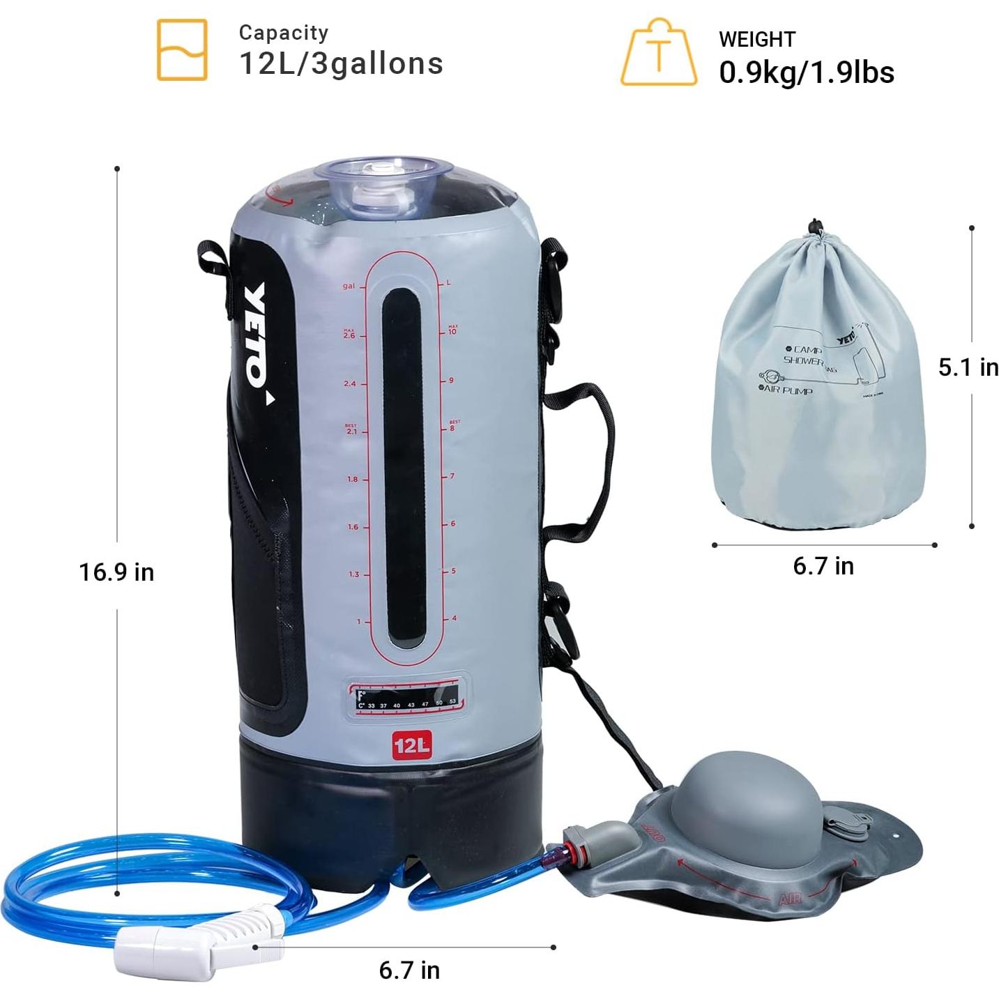Ducha Solar Portátil YETO 12L con Bomba de Pie y Boquilla