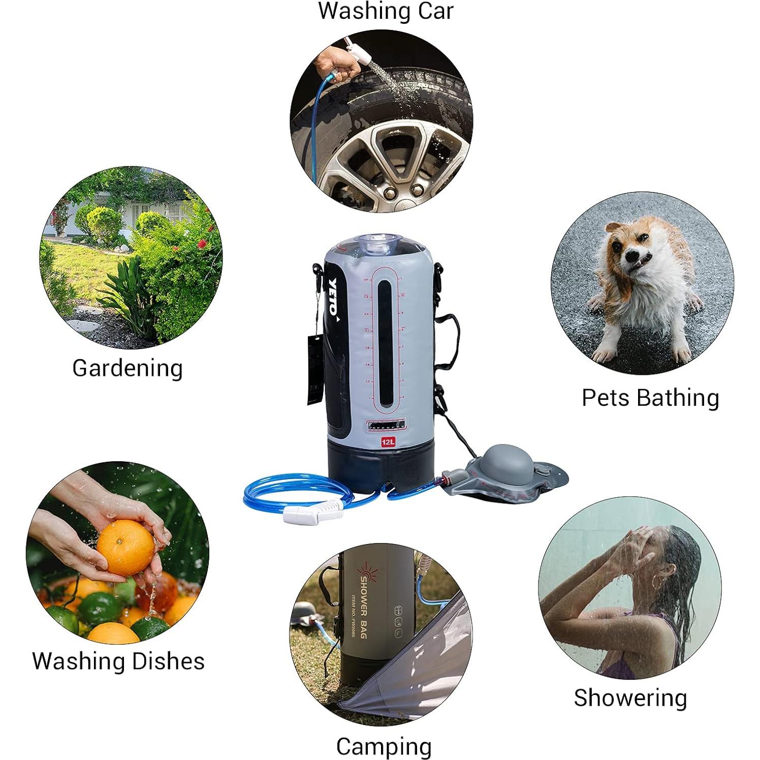 Ducha Solar Portátil YETO 12L con Bomba de Pie y Boquilla