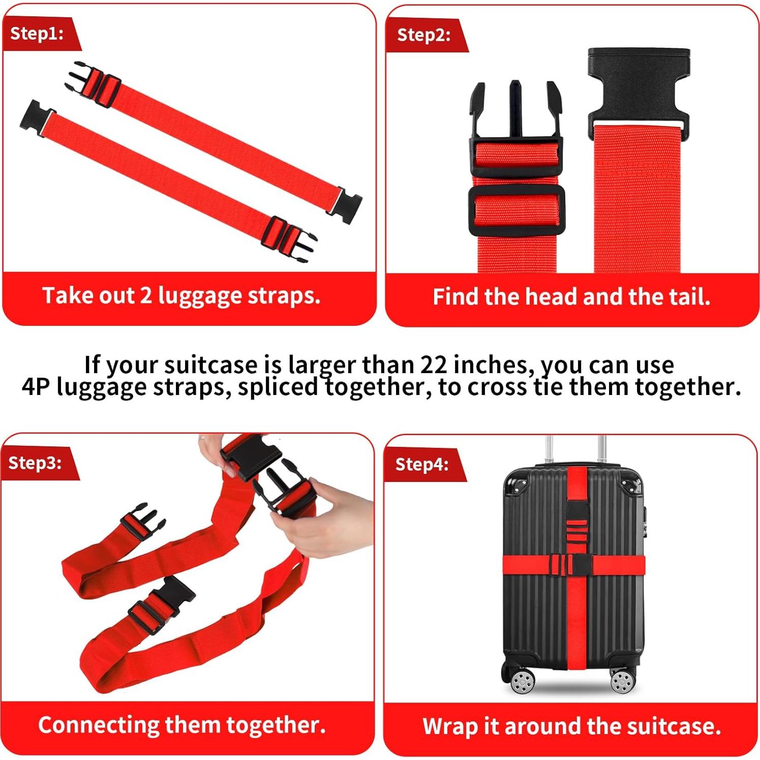 Correas de Equipaje Vivinin 4 Piezas Nylon Ajustables Rojo