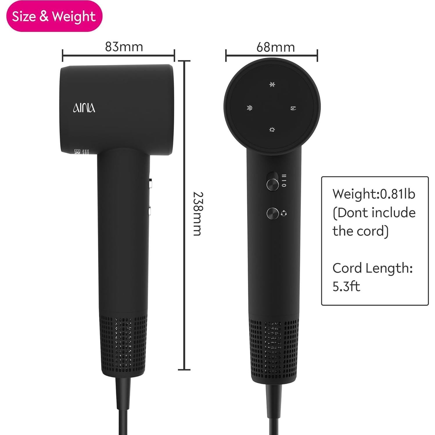 Secador de Cabello AINA 2000WE Iónico Ligero 0.37kg 110V