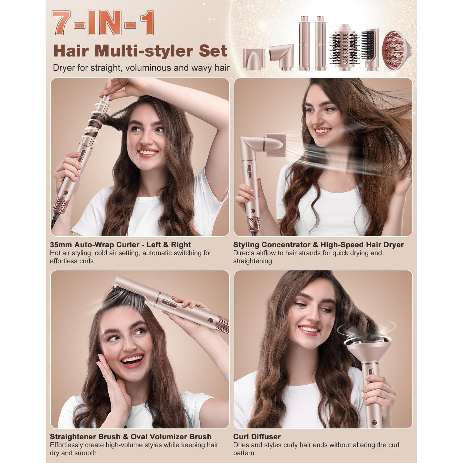 7 in 1 Hair Styler & Hair Dryer Brush, 110,000 RPM High-Speed Blow Dryer with Negative Ions for Frizz-Free Styling Fast Drying Curling Volumizing Straightening, Hot Air Styler with Travel Case