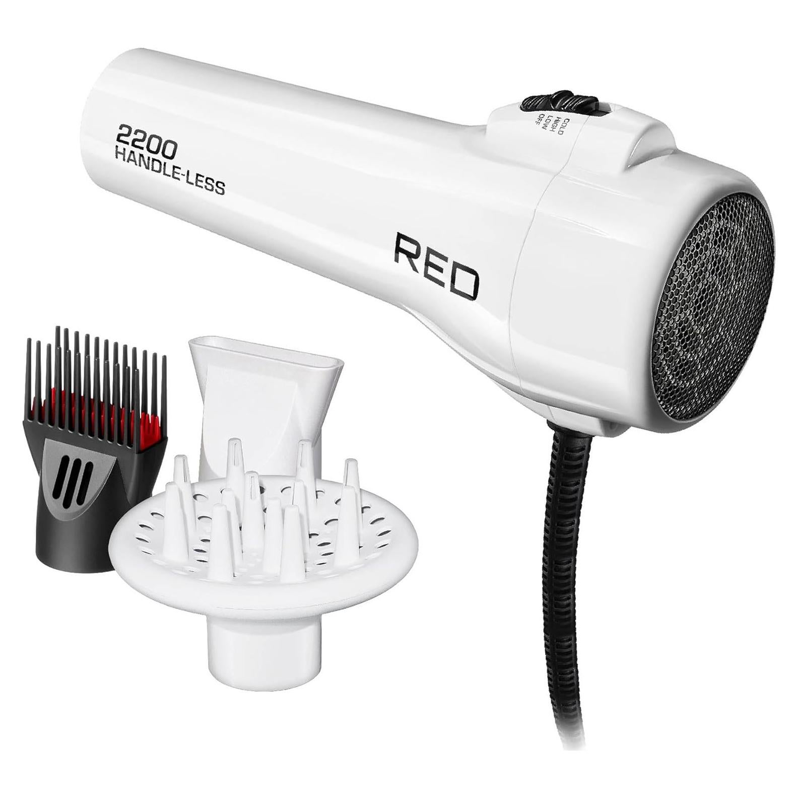 Red by KISS HandleLess Blow Dryer 2200W Ceramic Tourmaline White Color, 3 Heat Settings, Pik and Diffuser Included Comfortable Grip, Ionic for Frizz-Free Shine, Detangler & Straightening